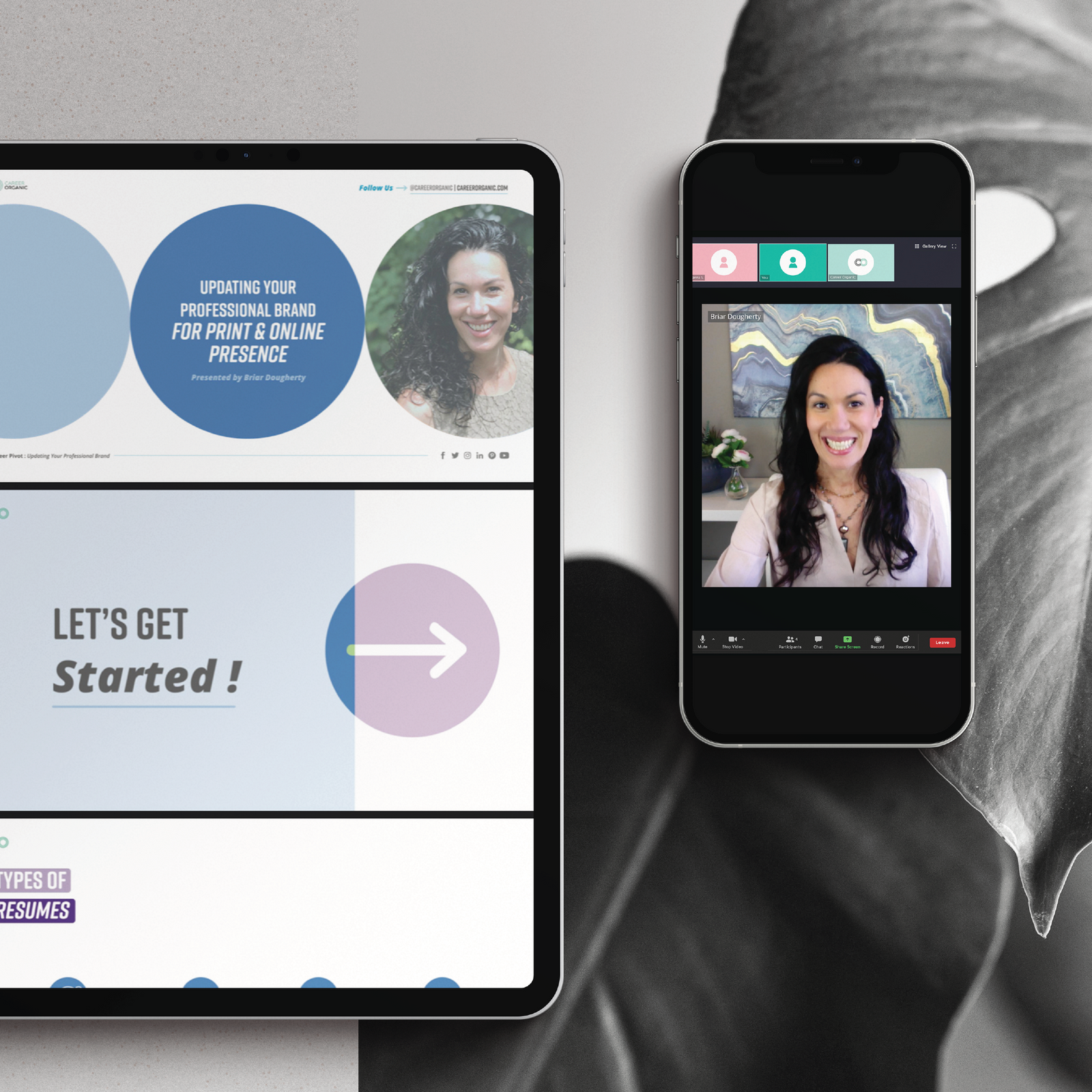 Webinar by our CEO Briar on two screens with a grey plant background.