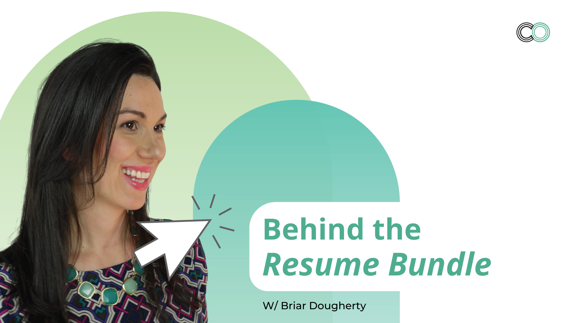Briar Dougherty cut out on a teal and green background with an oversized mouse icon and the words 'behind the resume bundle'