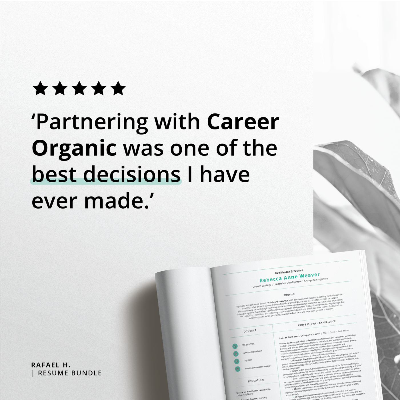 testimonial with 5 stars and sample resume on a natural background
