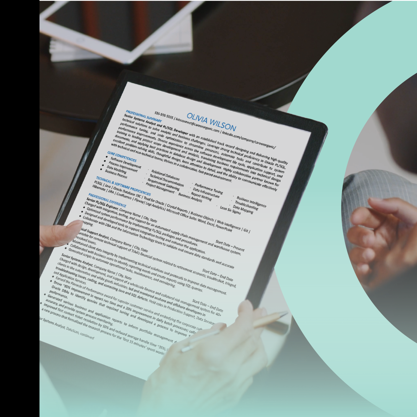 Resume displayed on a clipboard during an interview