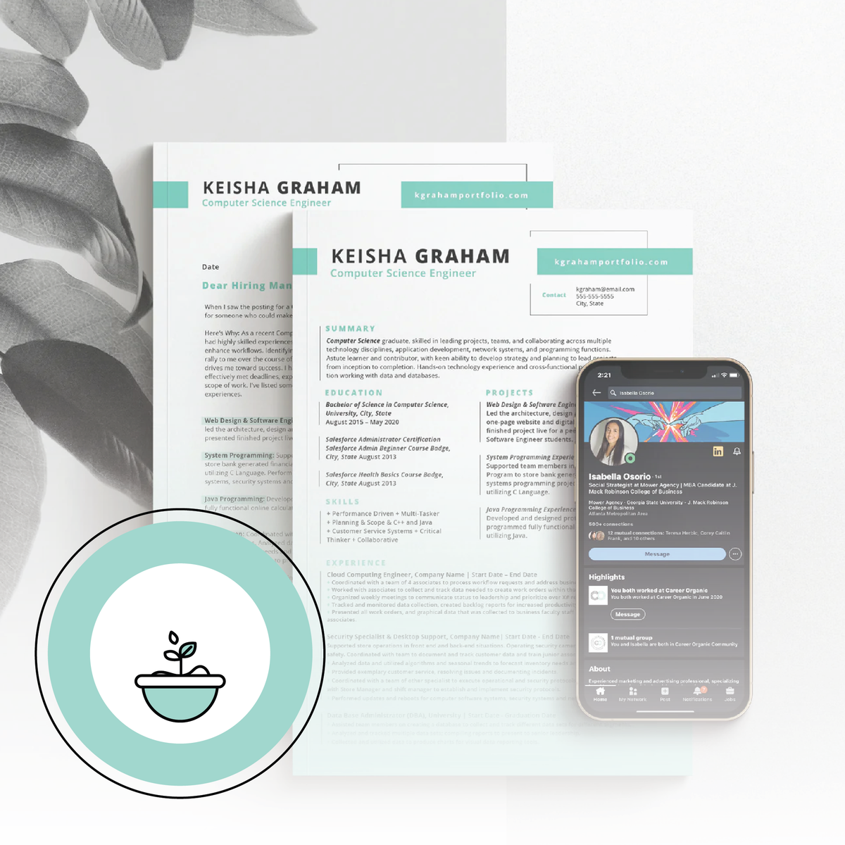 a resume, cover letter and phone displaying Linkedin profile on a black and white botanical background with plant icon at the front