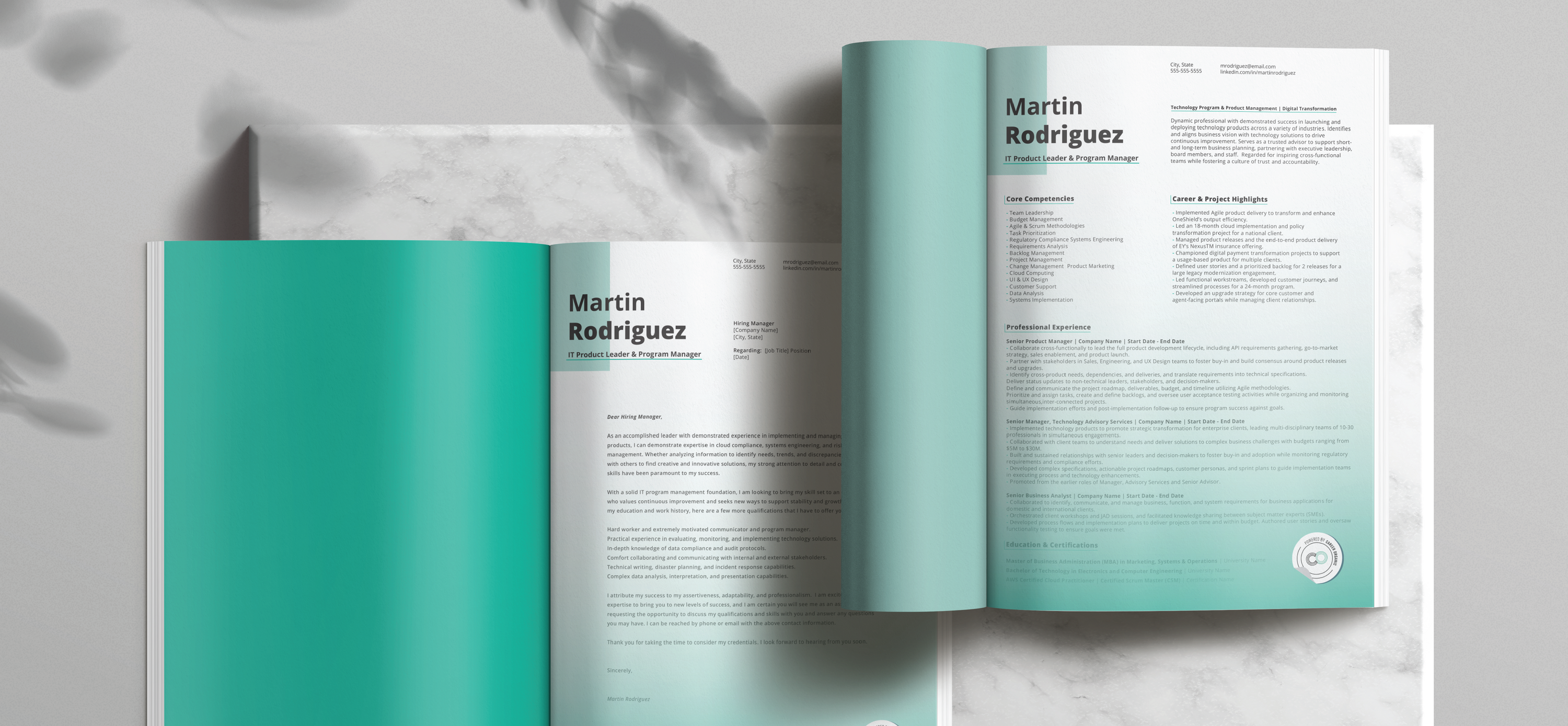 Mid-level career resume and cover letter on a grey background.