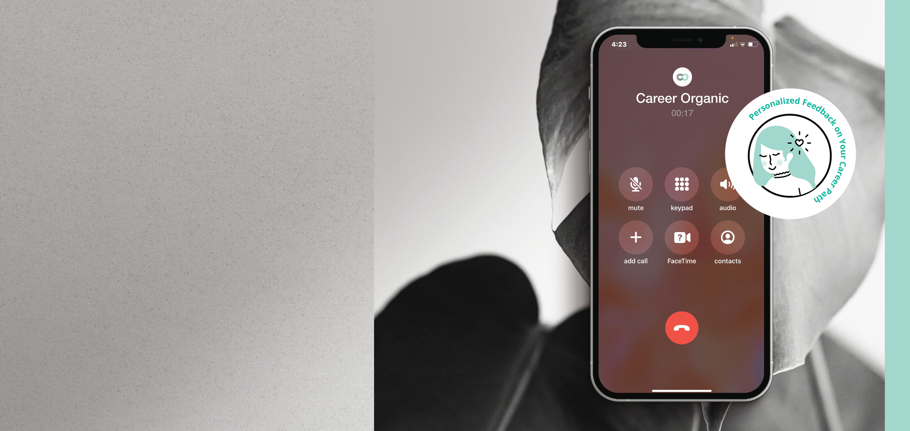iphone with Career Organic Incoming Call displayed + simple icon of career coach with heart