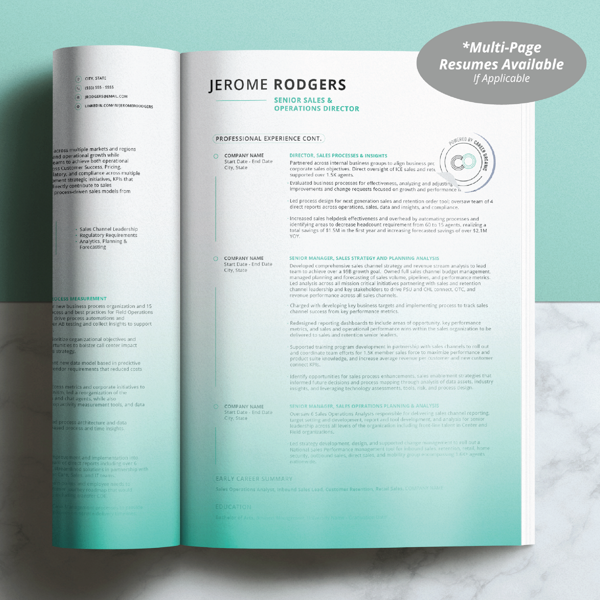 Folded book displaying a resume and marble/teal background
