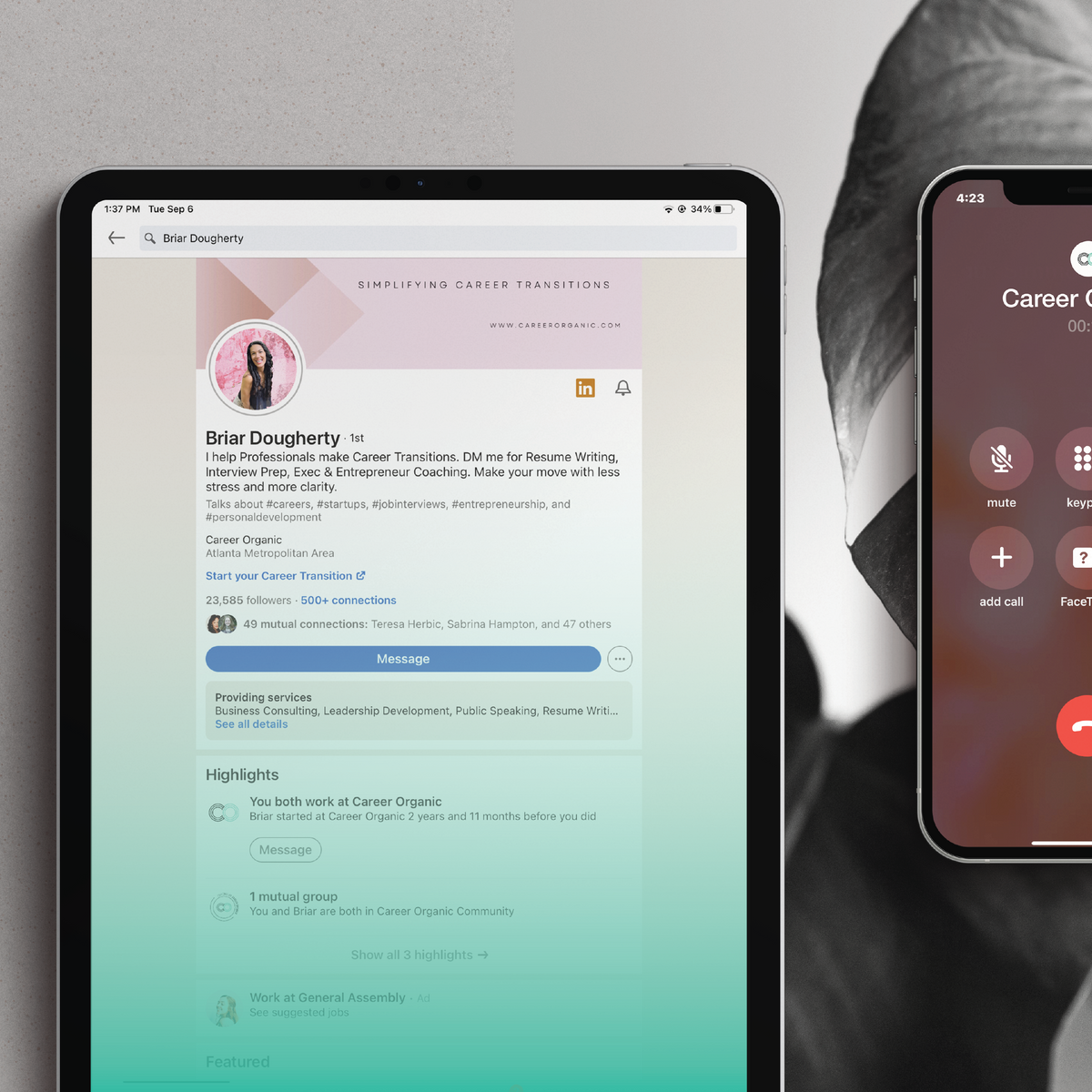 Two screens representing a LinkedIn bio of our CEO and a call from Career Organic.