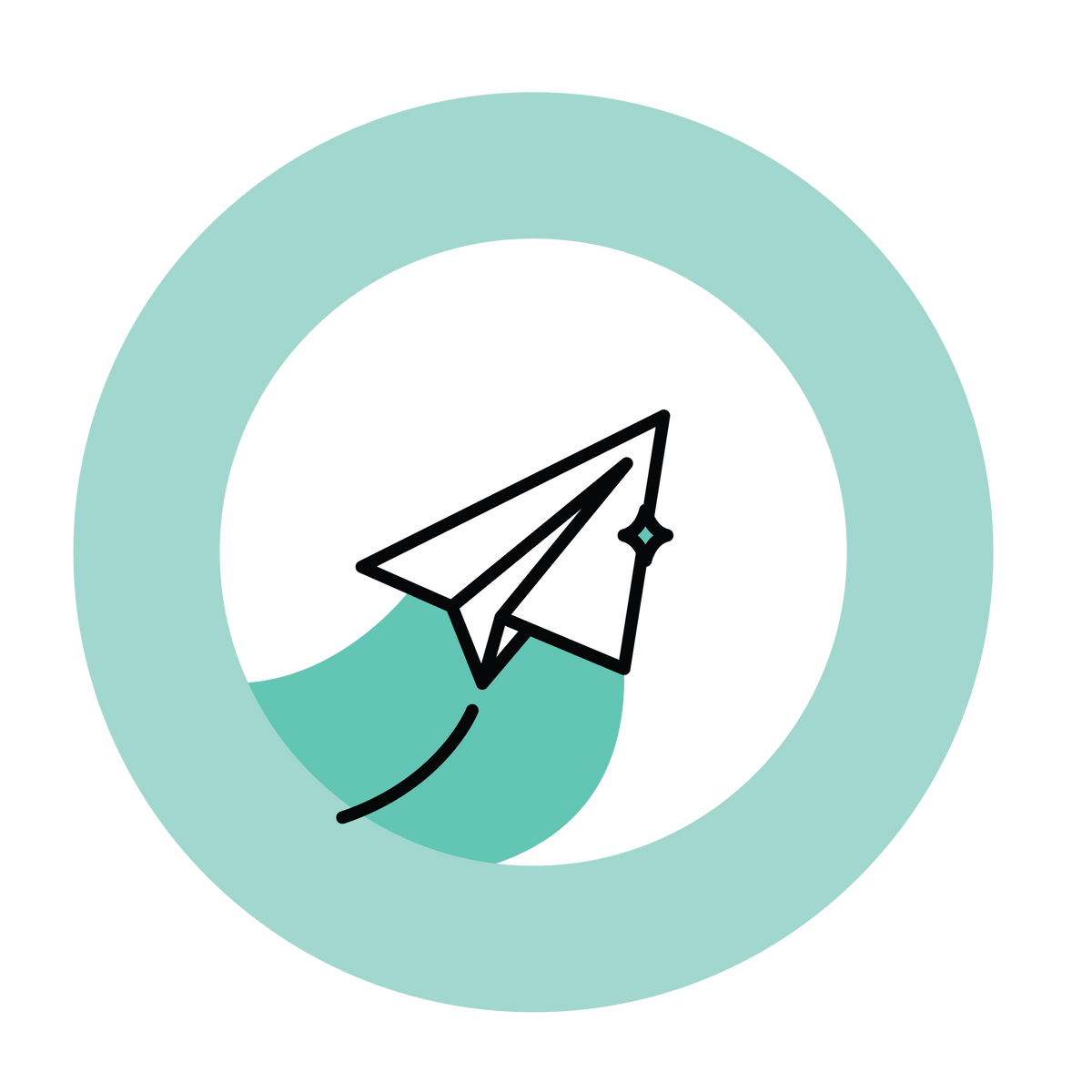 illustrated paper air plane flying inside a teal circle