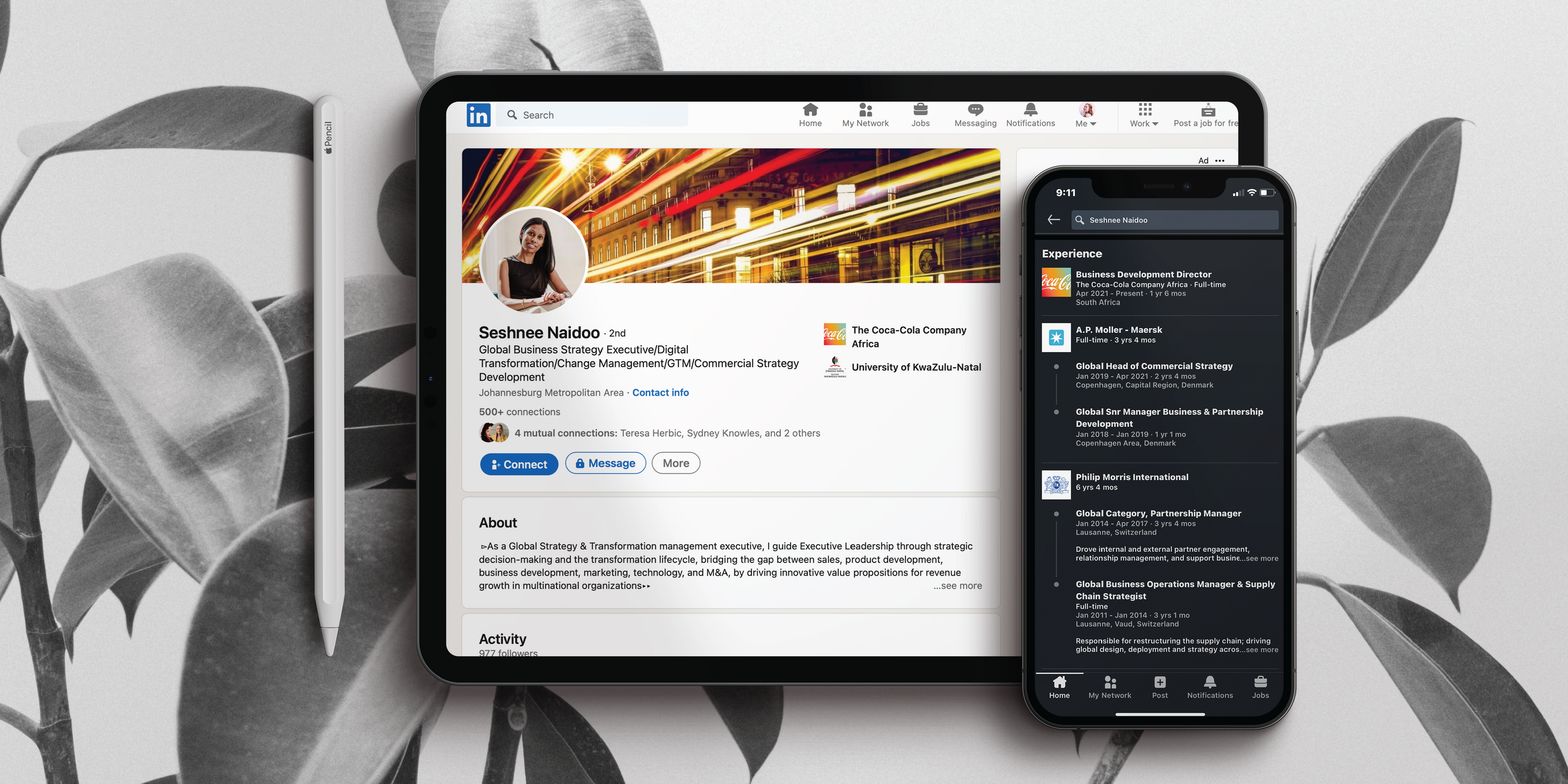 ipad and iphone on a black and white natural background displaying a sample linkedin profile