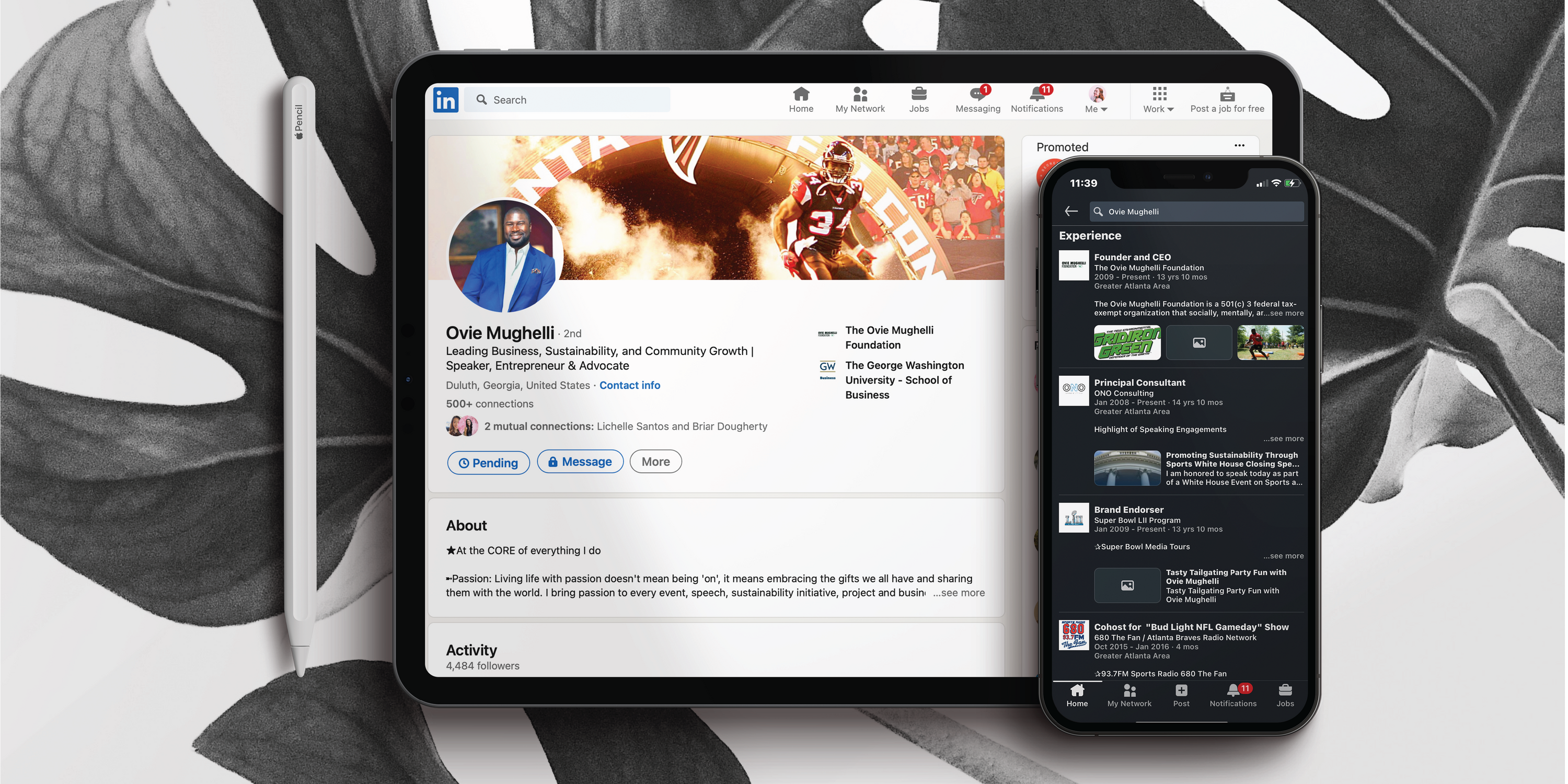 Sample Linkedin Profile shown on an ipad and iphone