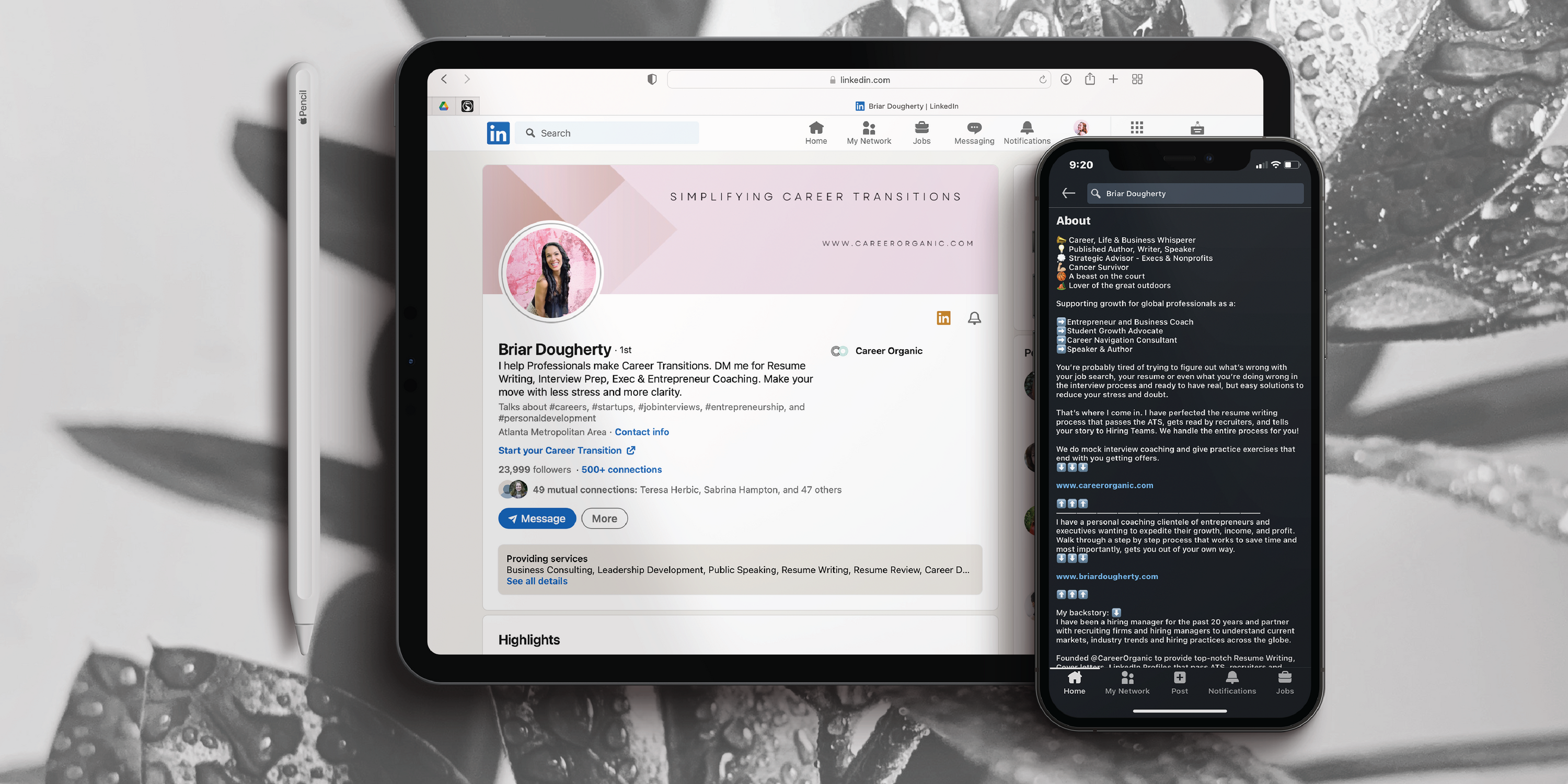 ipad screen and phone displaying a linkedin profile on a black and white plant photo background