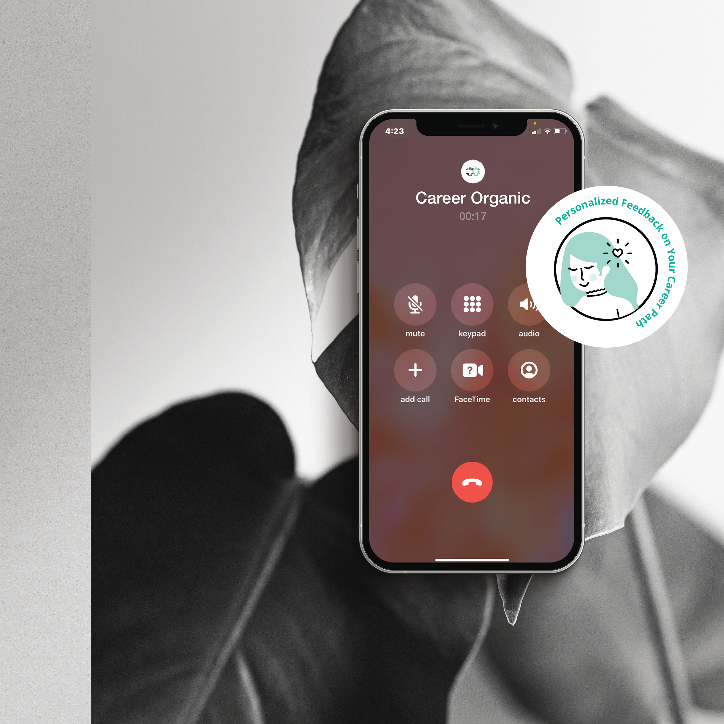 iphone with Career Organic Incoming Call displayed + simple icon of career coach