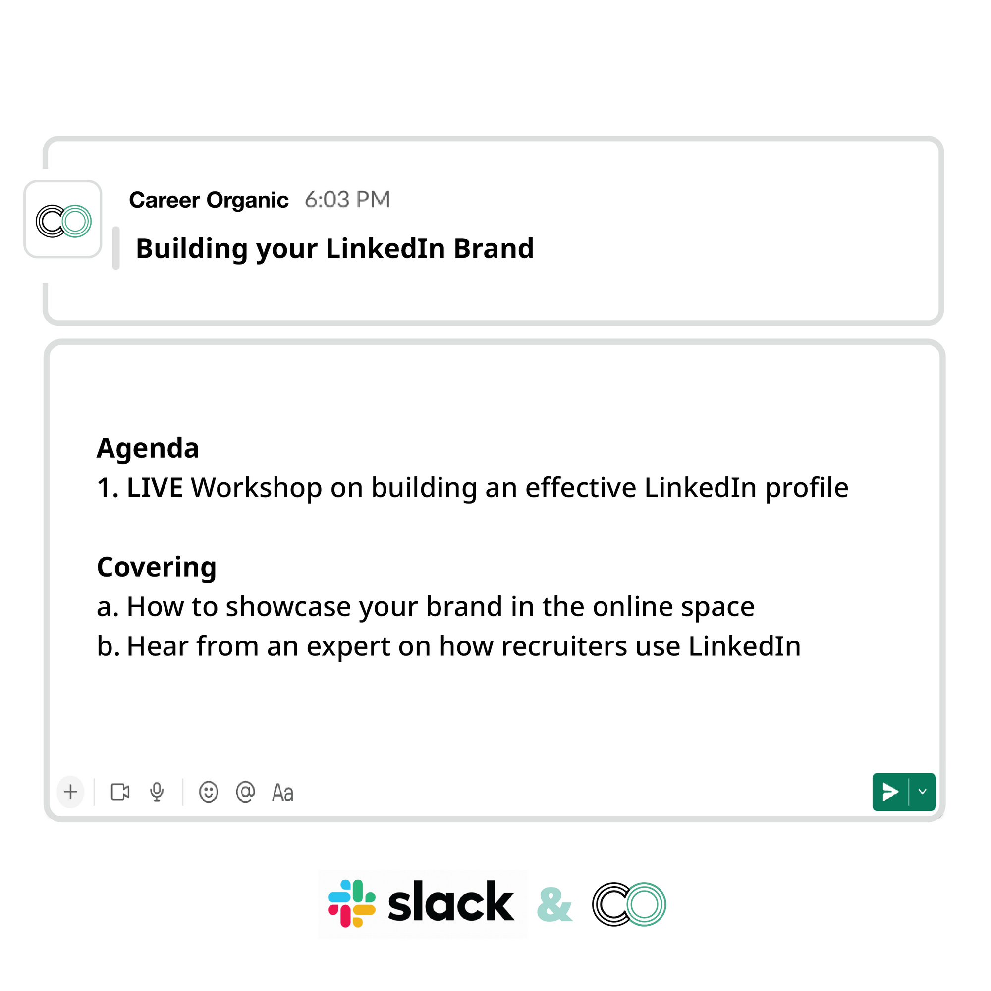 slack messages showing the agenda for a linkedin brand group coaching course