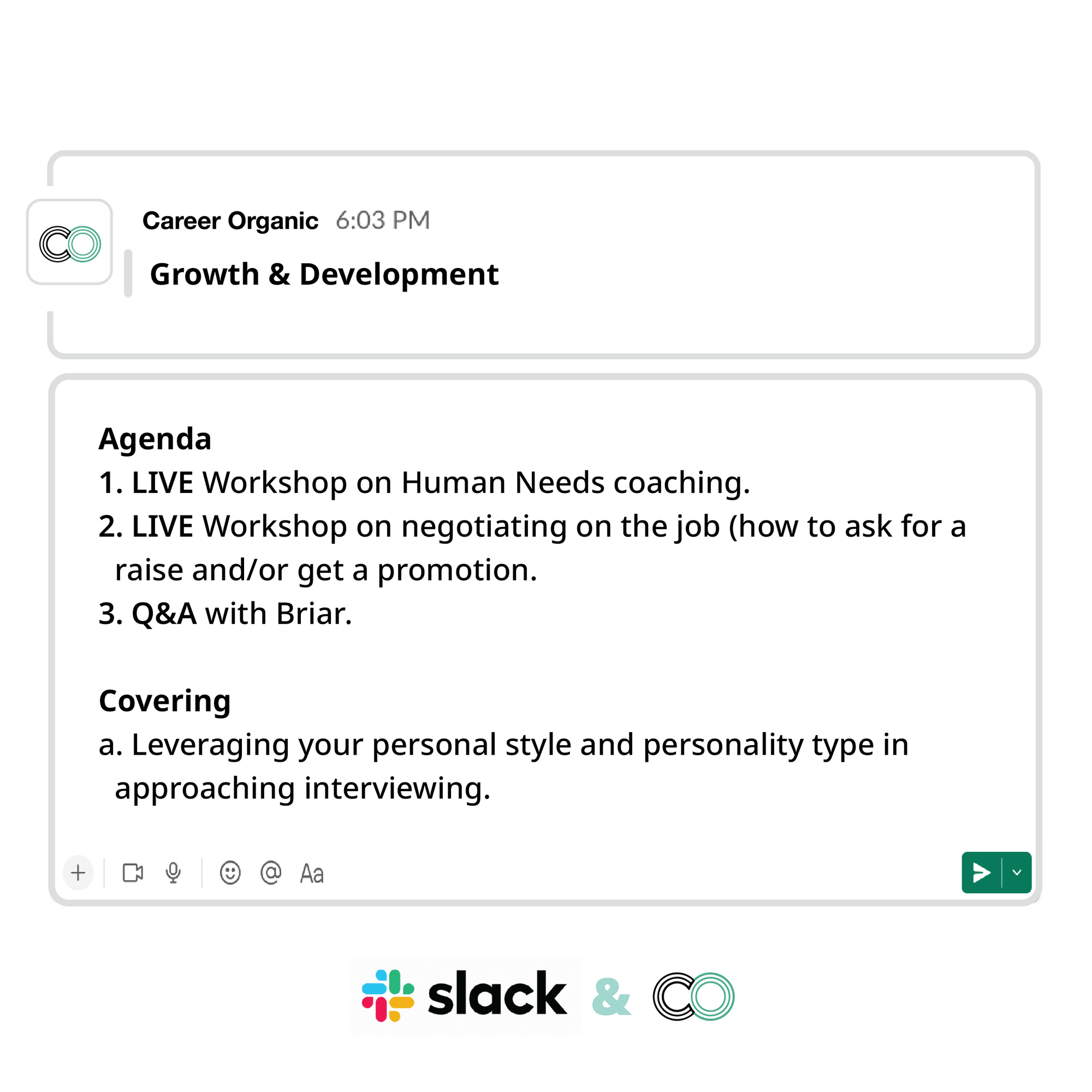 Slack messages displaying the agenda for a growth & development course and group coaching community