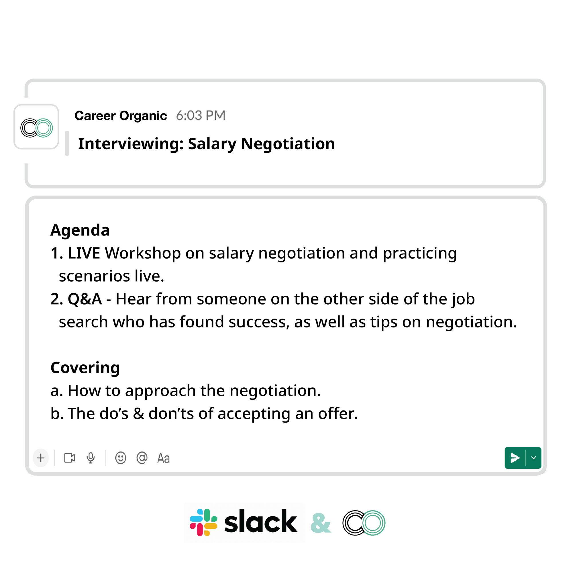 Slack messages displaying a course agenda for interview & salary negotiating group coaching community 