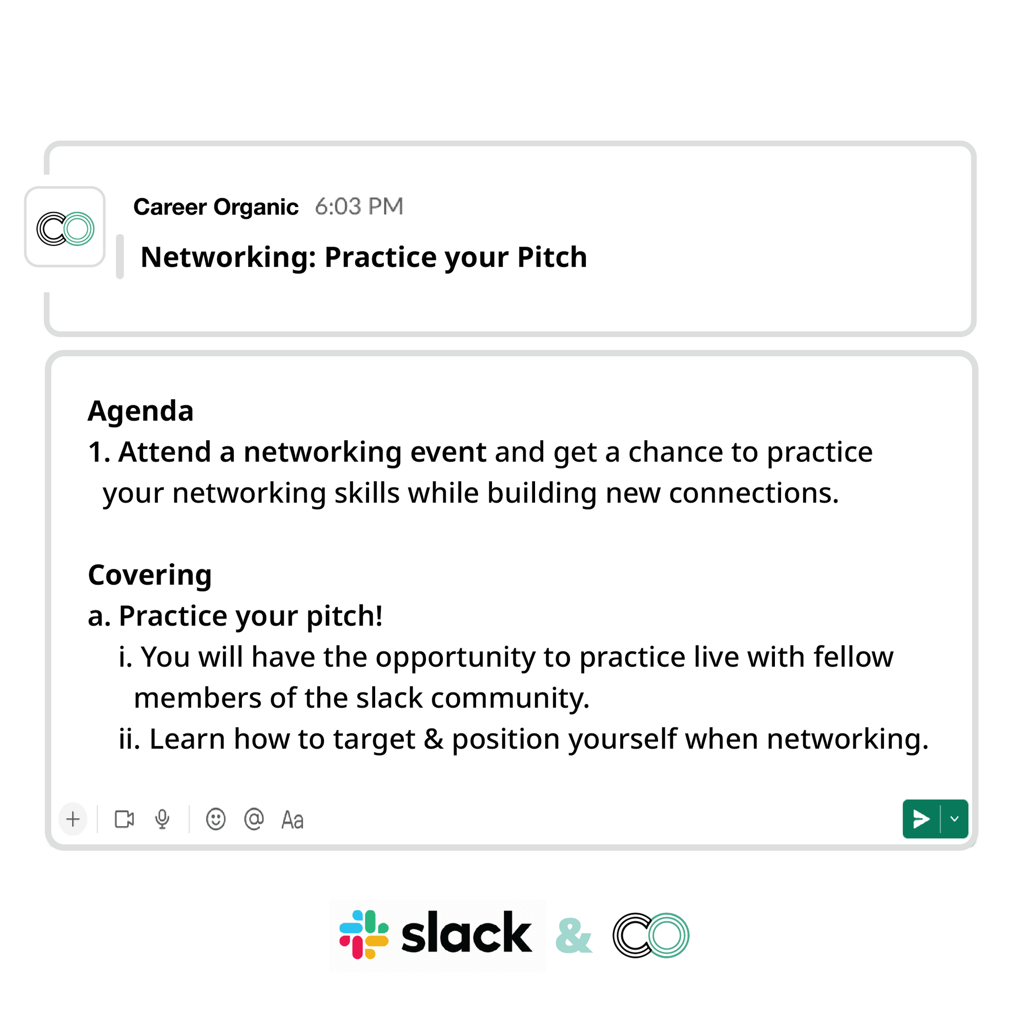slack messages showing an agenda for networking, practice your pitch group coaching community course