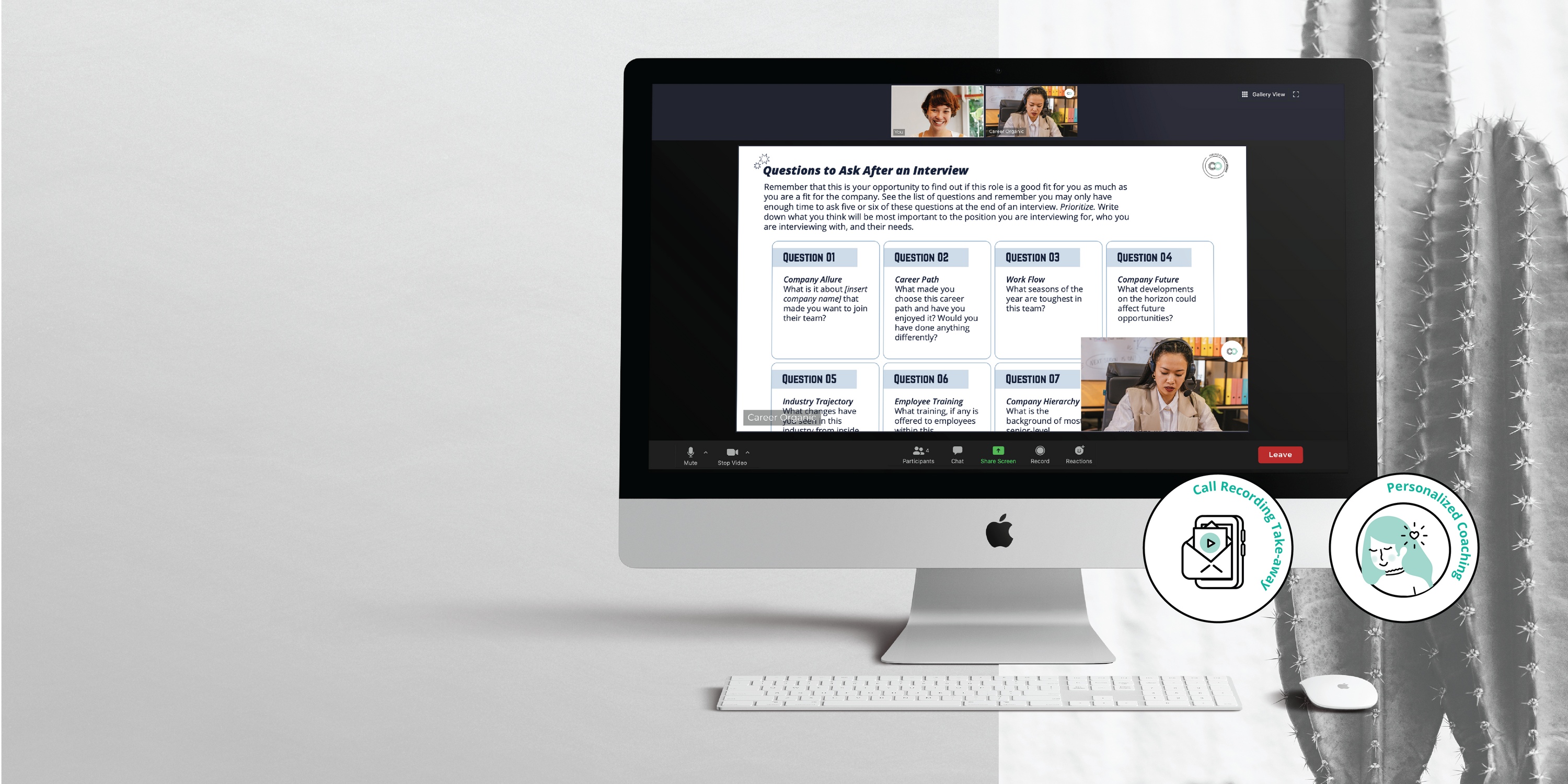 Desktop screen showing a zoom call in progress with interview prep tips being shared by a female coach