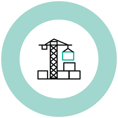 illustrated crane lifting boxes inside a teal circle