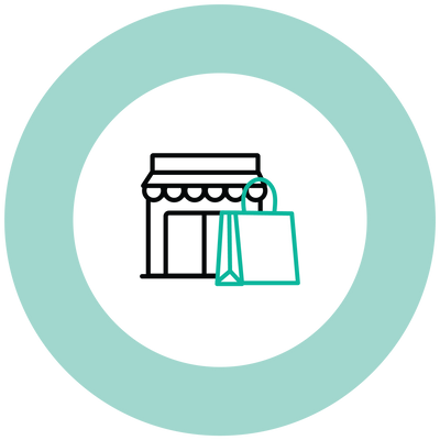 illustrated store front with shopping back in a teal circle