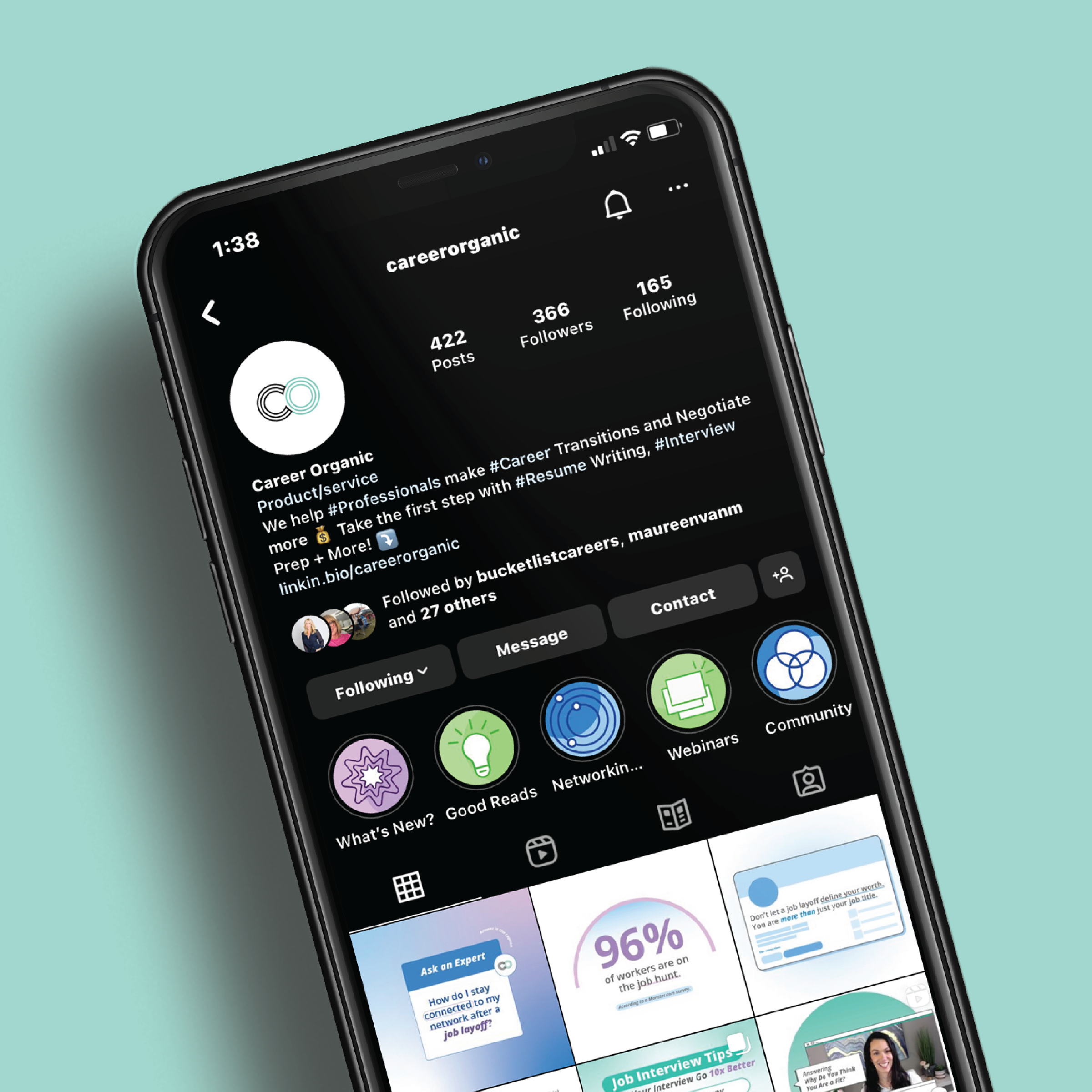 iphone on teal background with career organics instagram profile displayed