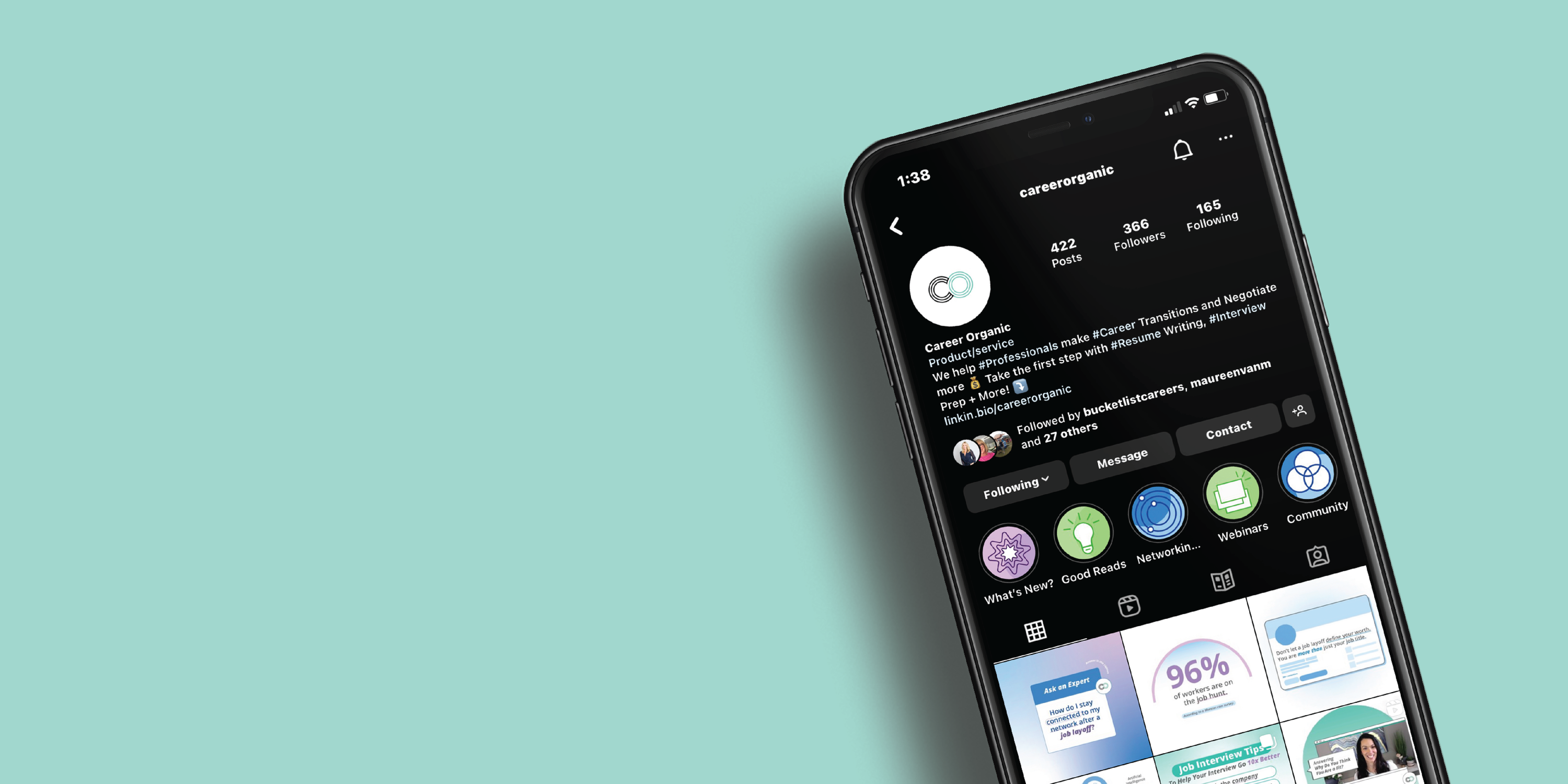 IPhone on teal background with career organic instagram profile displayed