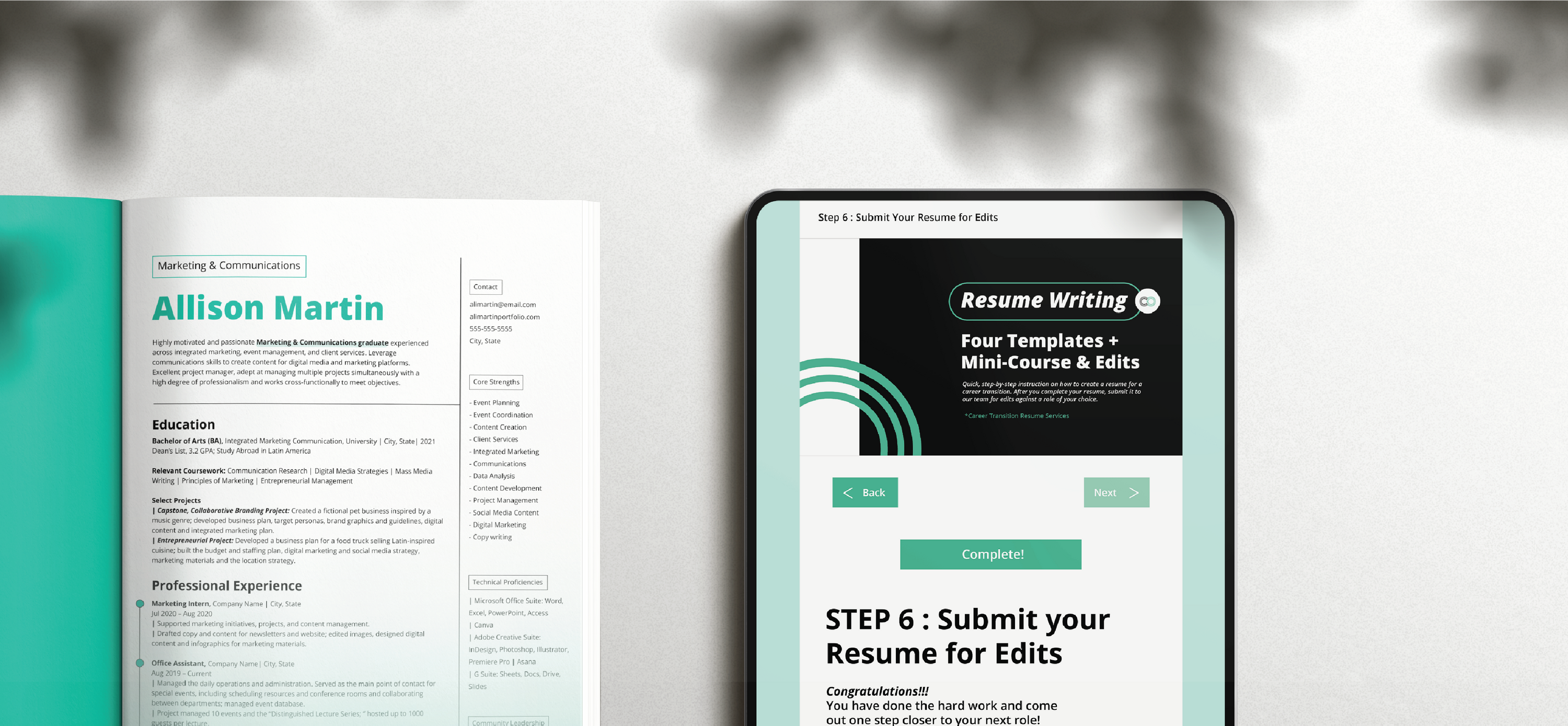 Early Career Resume and Resume process on a Ipad with a white background.