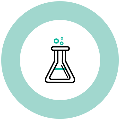 illustrated test tube with bubbling liquid, surrounded by a teal circle