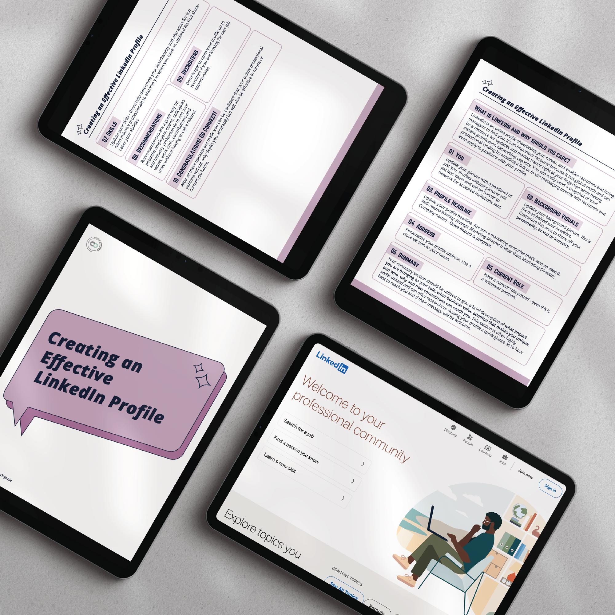 4 ipads displaying a free resource called creating an effective linkedin profile