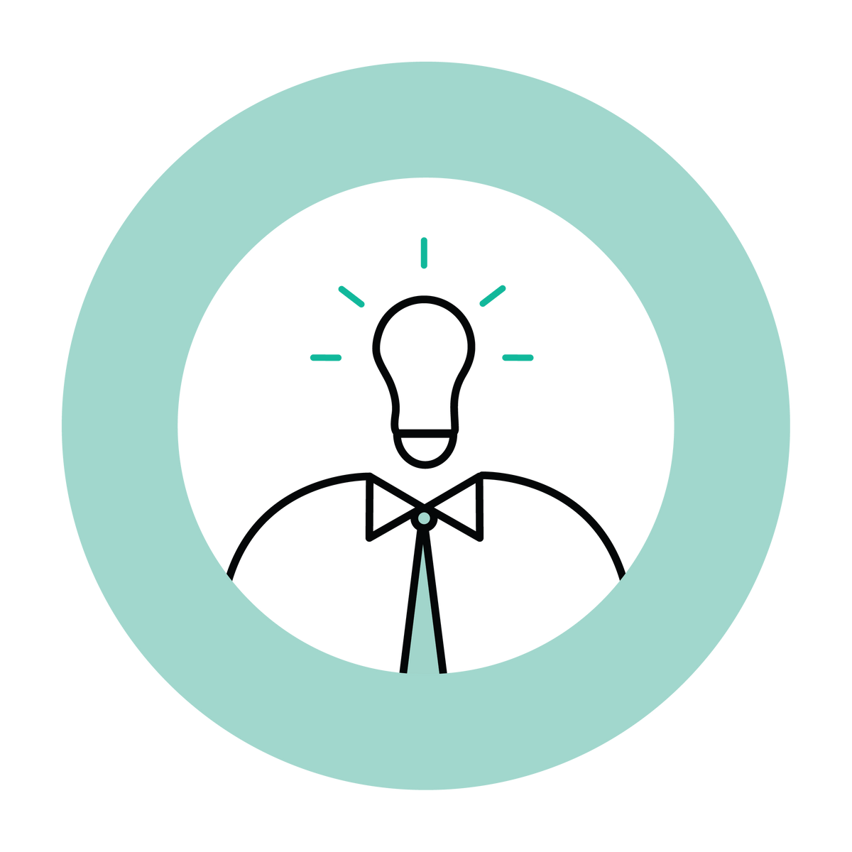 teal circle with a light bulb icon as a head on a suited person