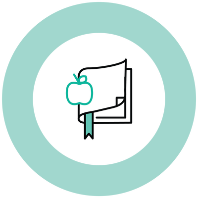 illustrated book with bookmark and apple surrounded by a teal circle 
