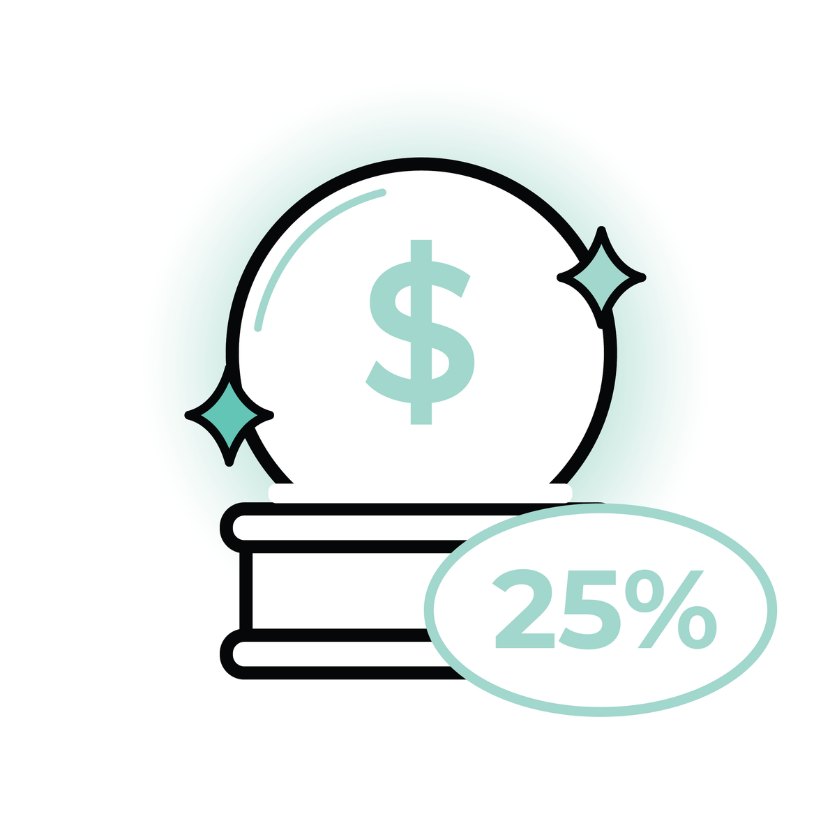 magic ball icon with a cash symbol in the center and 25% in a bubble to the side
