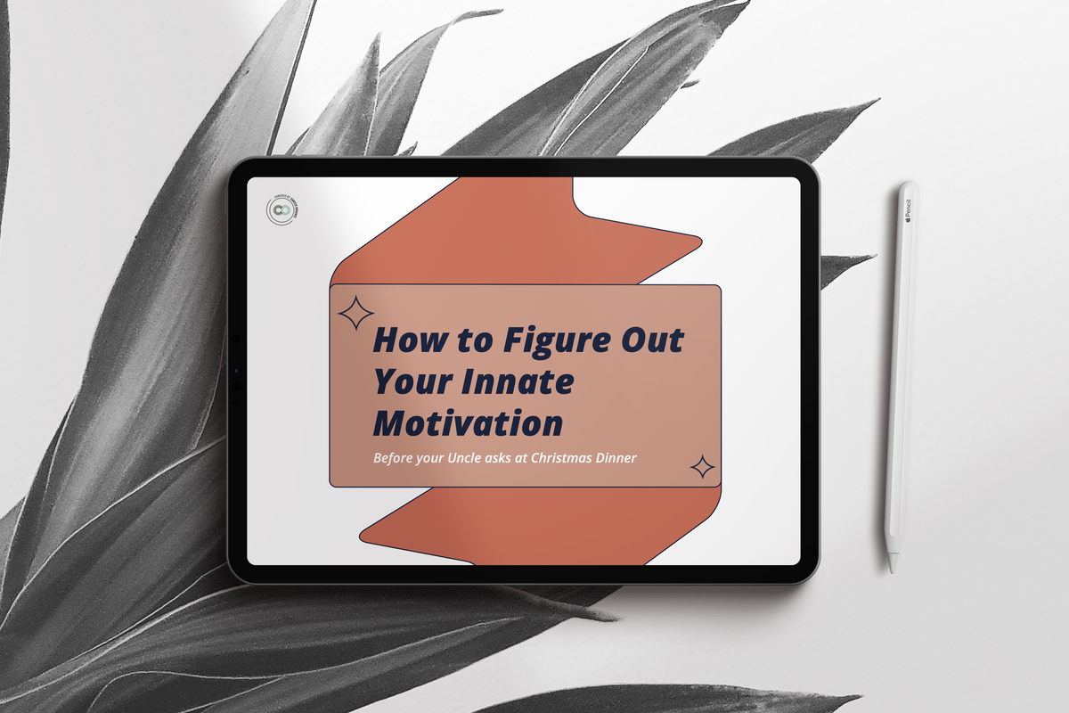 ipad on a black and white botanical background, the screen displaying a free resource called how to figure out your innate motivation