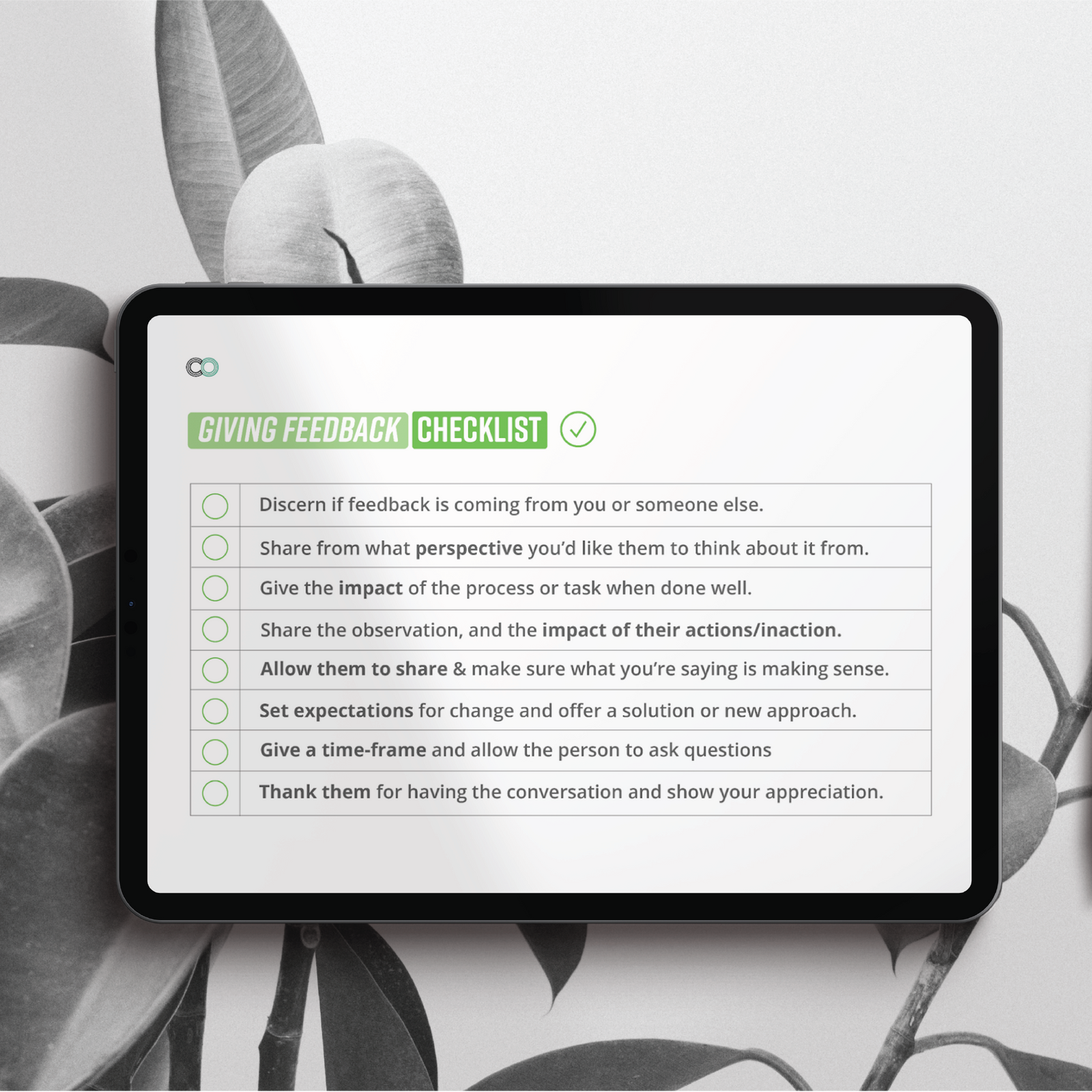 IPad screen with a Career Organic feedback checklist.