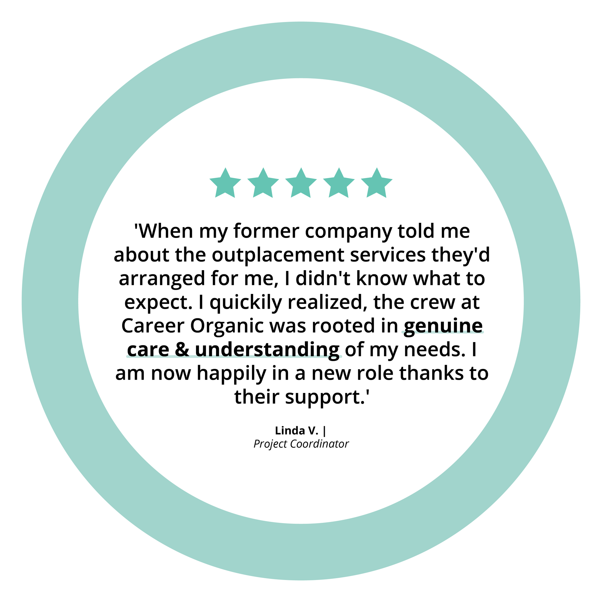 teal circle with a testimonial inside and 5 stars above it