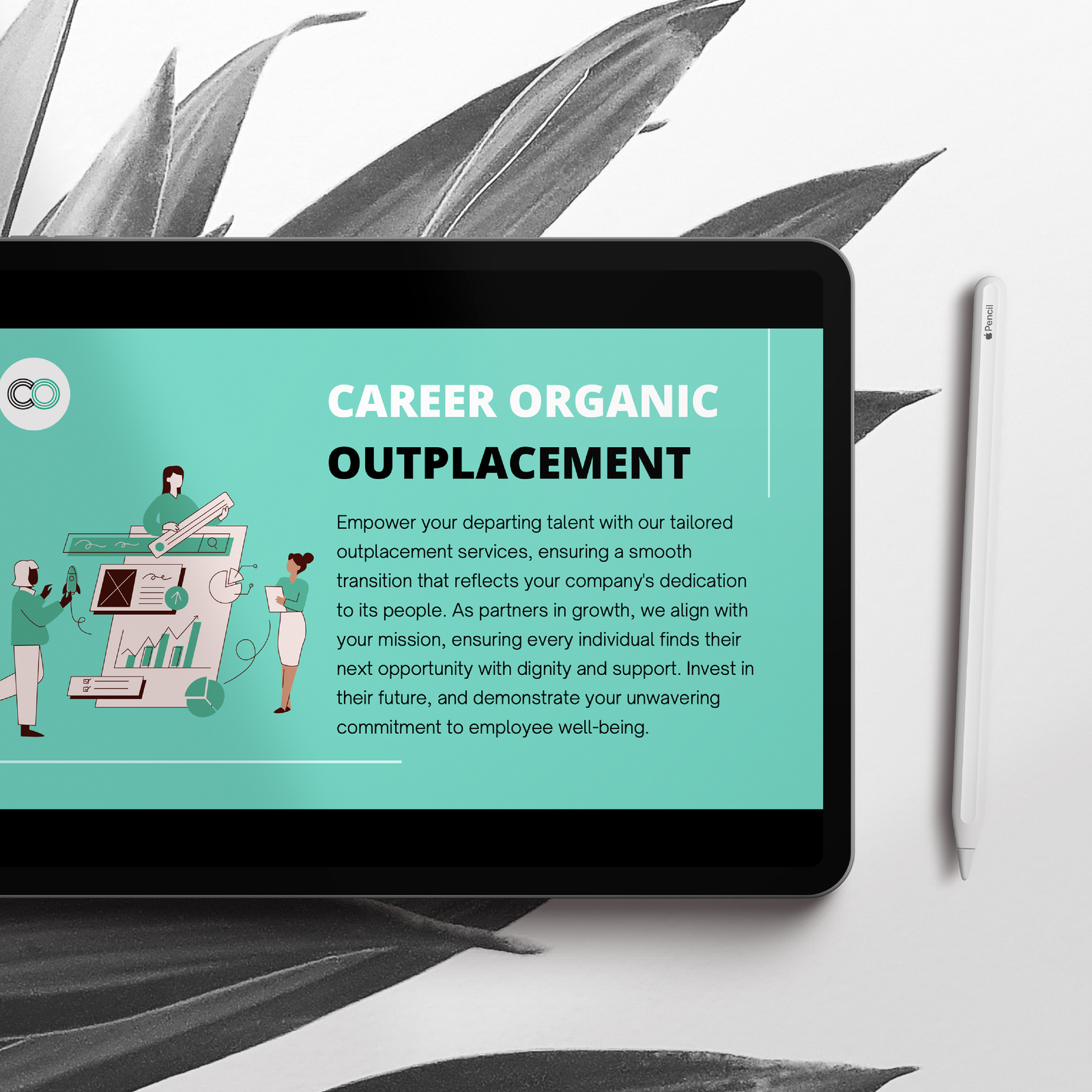 ipad with an outplacement deck by Career Organic on the screen on a floral background
