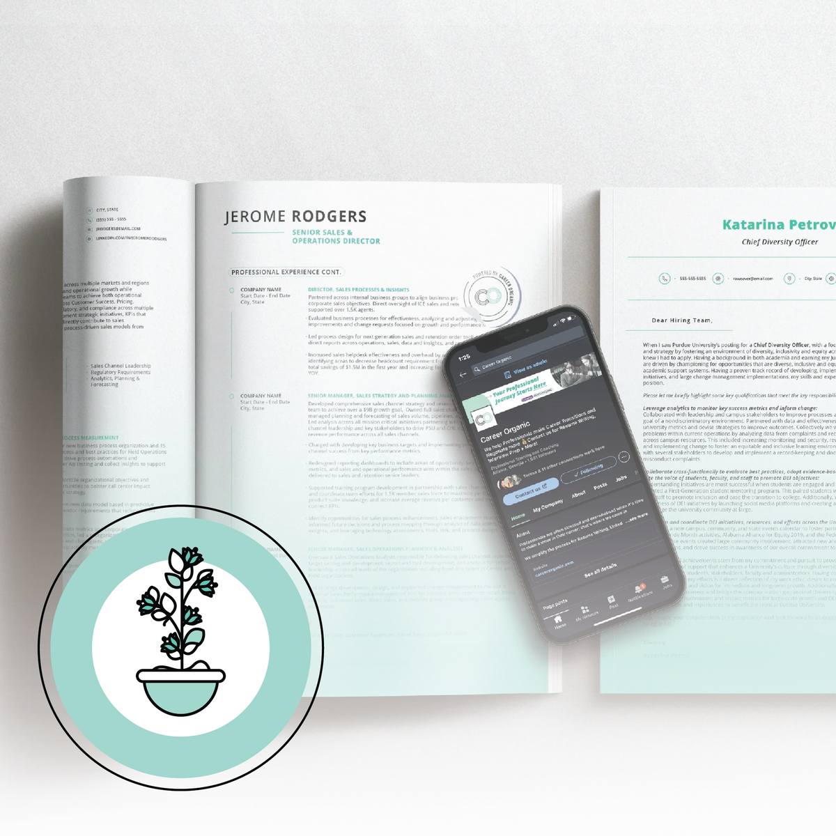 a resume, cover letter and phone displaying Linkedin profile on a black and a grey textured background with plant icon at the front