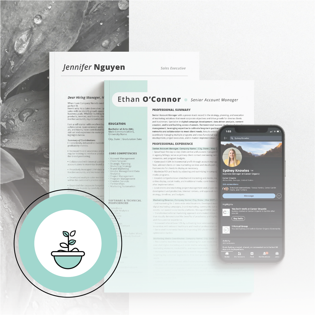 a resume, cover letter and phone displaying Linkedin profile on a black and white botanical background with plant icon at the front