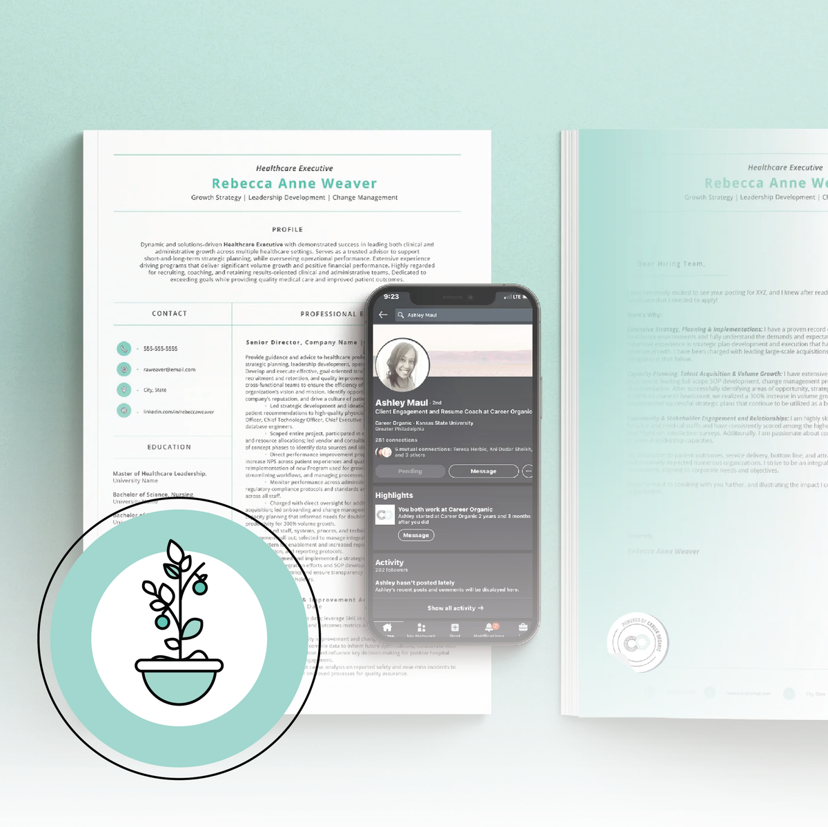 a resume, cover letter and phone displaying Linkedin profile on a teal background with plant icon at the front
