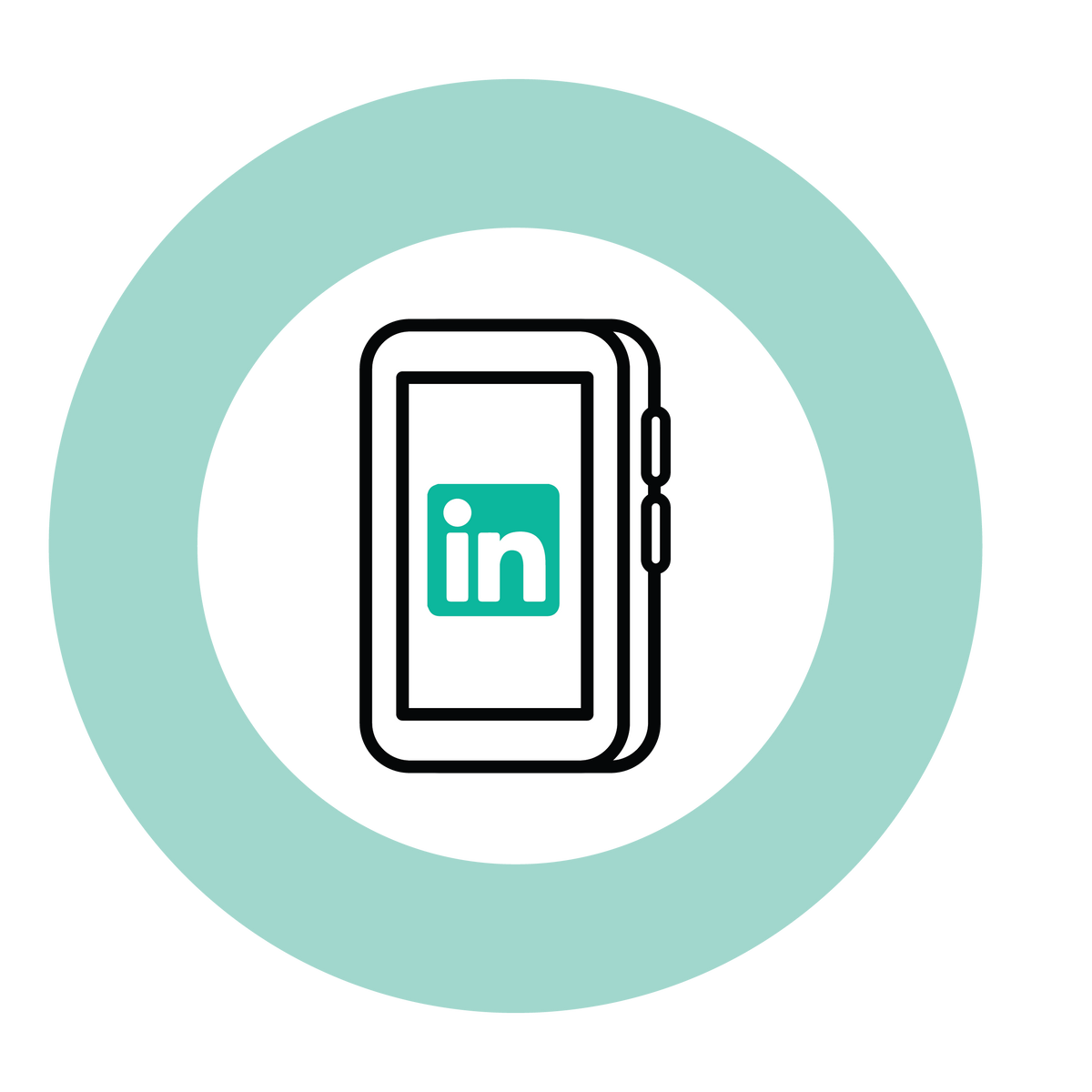 illustrated iphone with a linkedin logo on the screen, inside a teal circle 