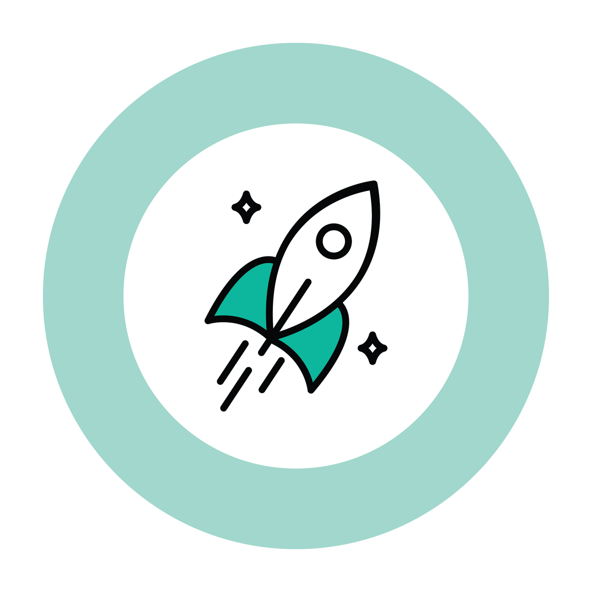 illustrated rocket ship taking off inside a teal circle with stars