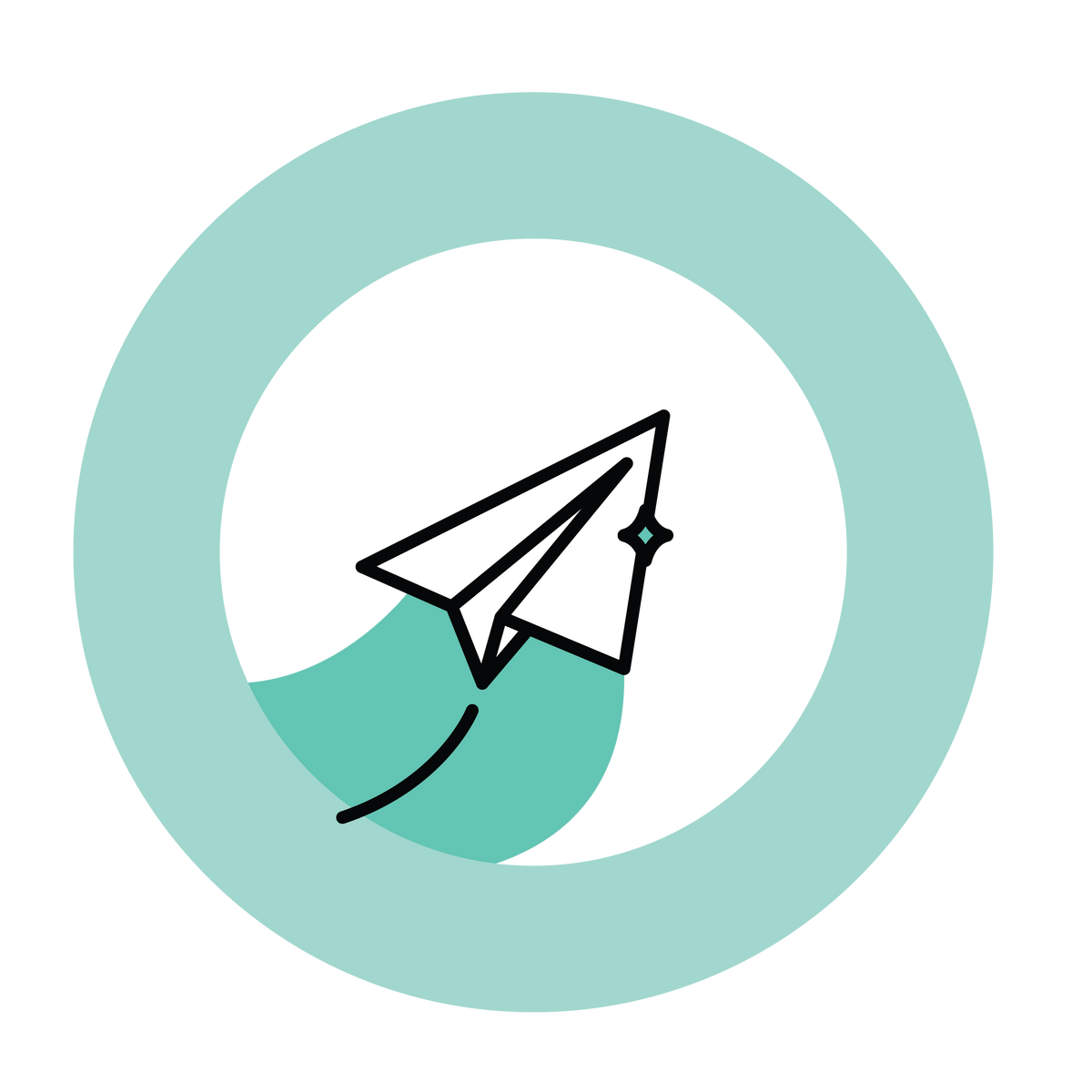 illustrated paper air plane flying inside a teal circle 