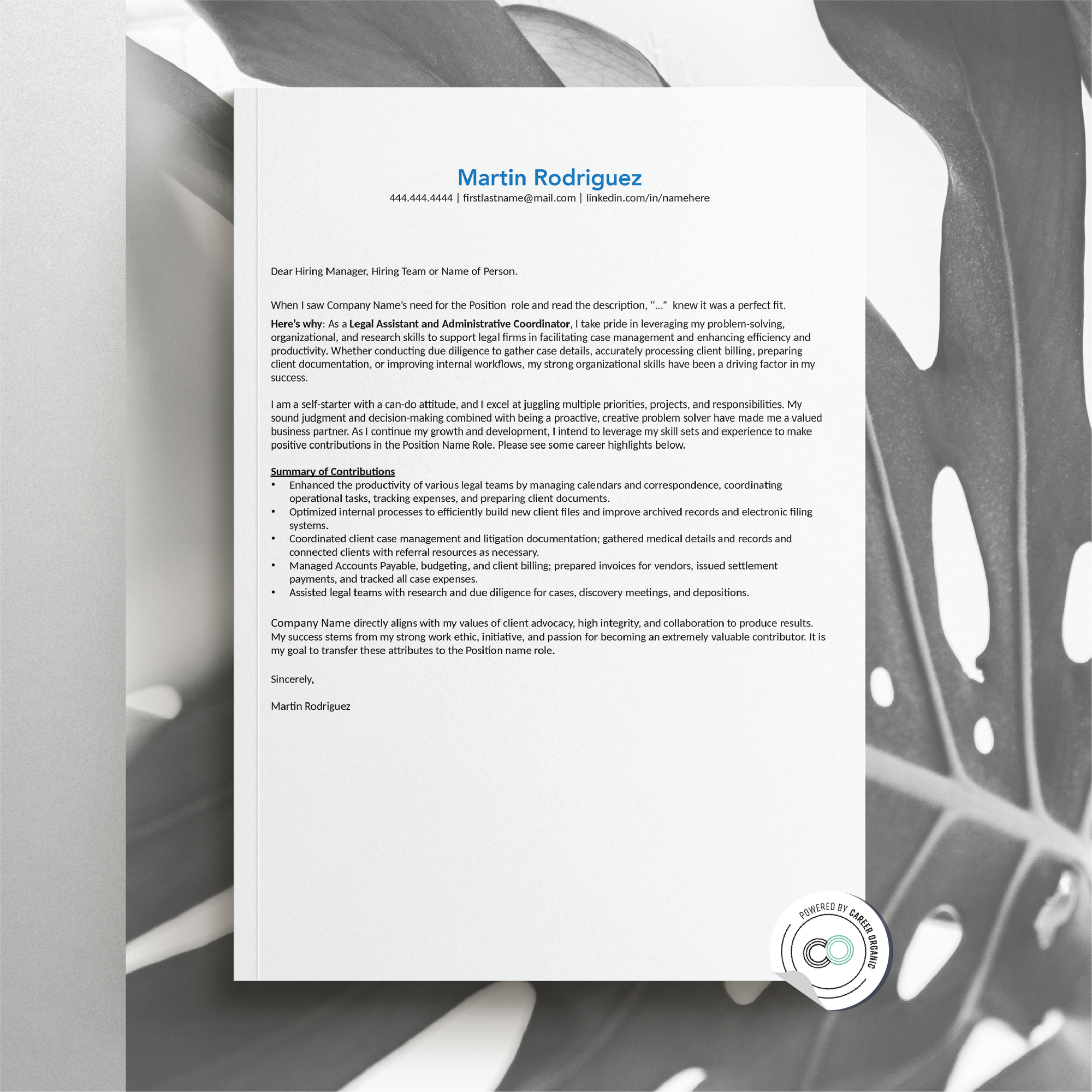 Career Organic Sample Cover letter on a natural background
