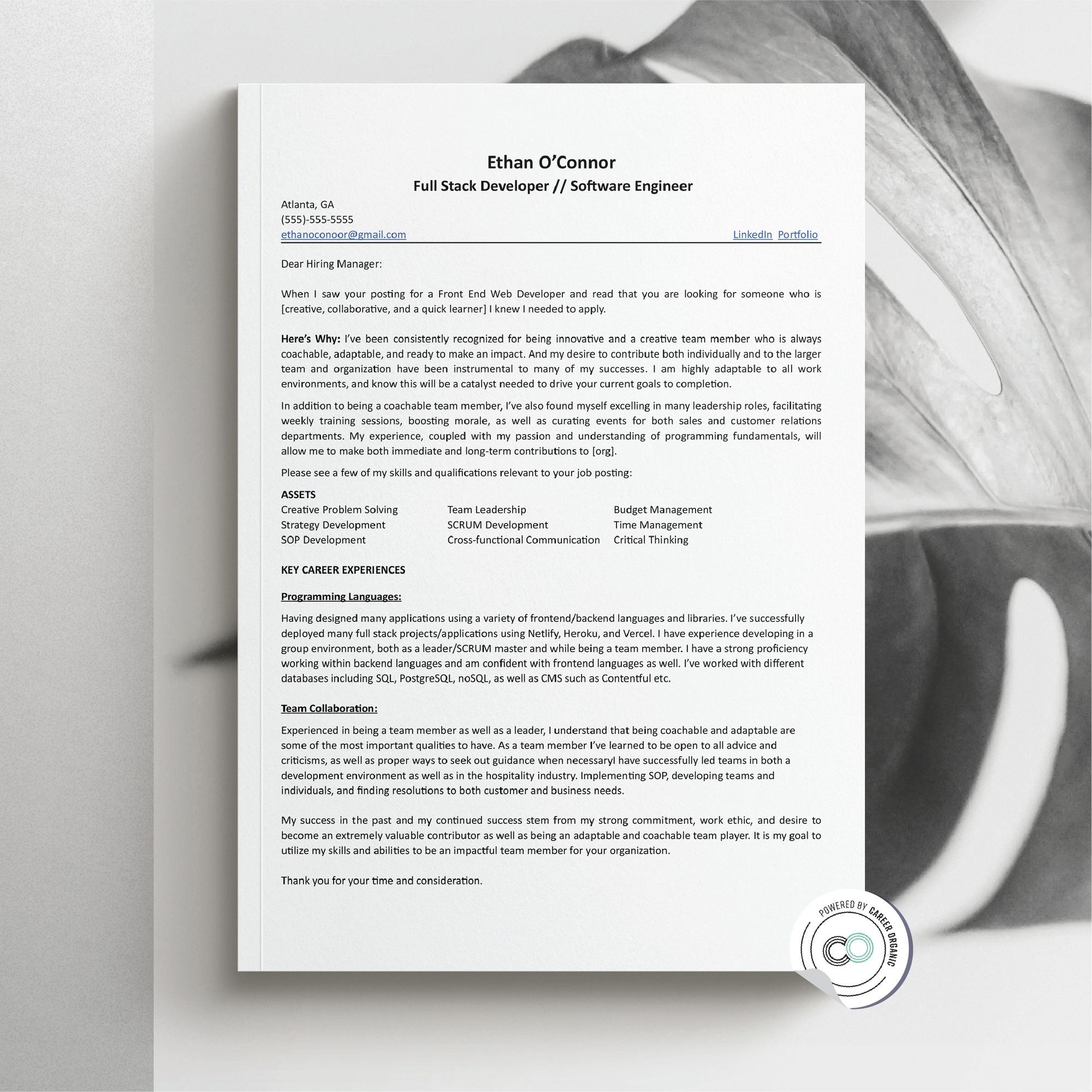 Career Organic Sample Cover letter, showing a detailed description of skill