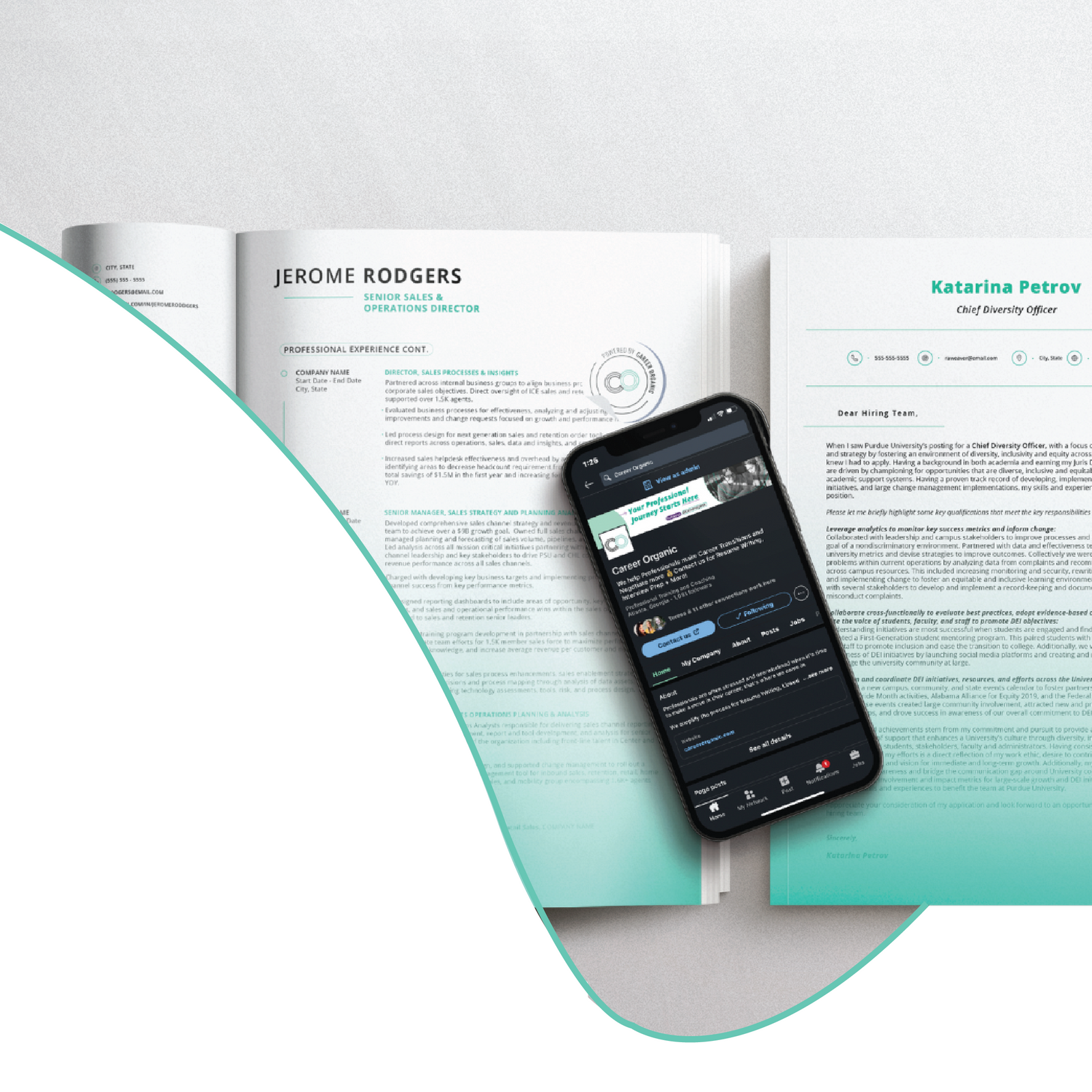 iphone displaying career organics linkedin profile, on top of a resume and cover letter  