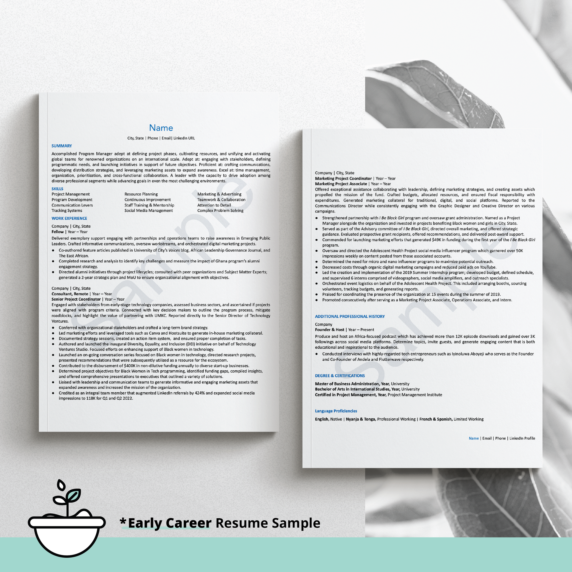 2 pages of a early career resume sample on a black and white background with botanicals and a light teal border at the bottom