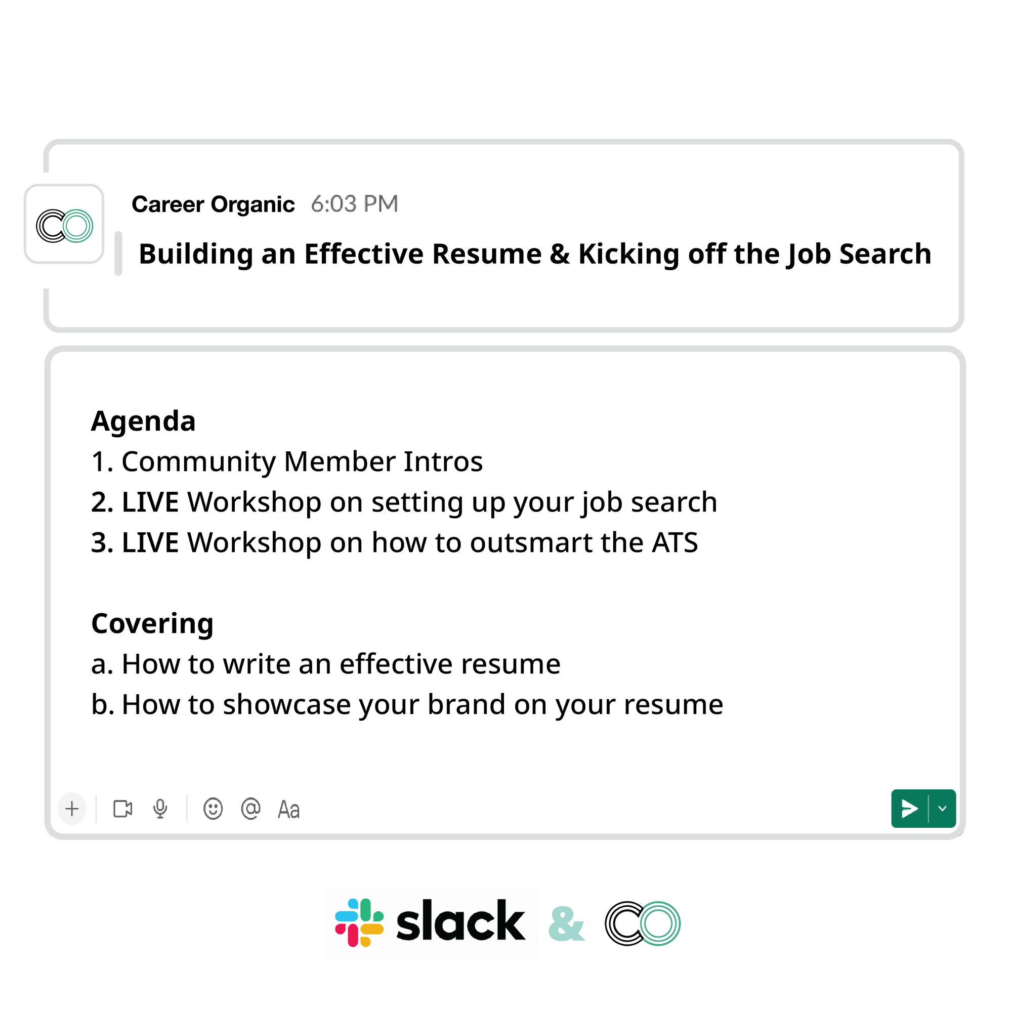 slack messages showing the agenda for a resume & job search group coaching course