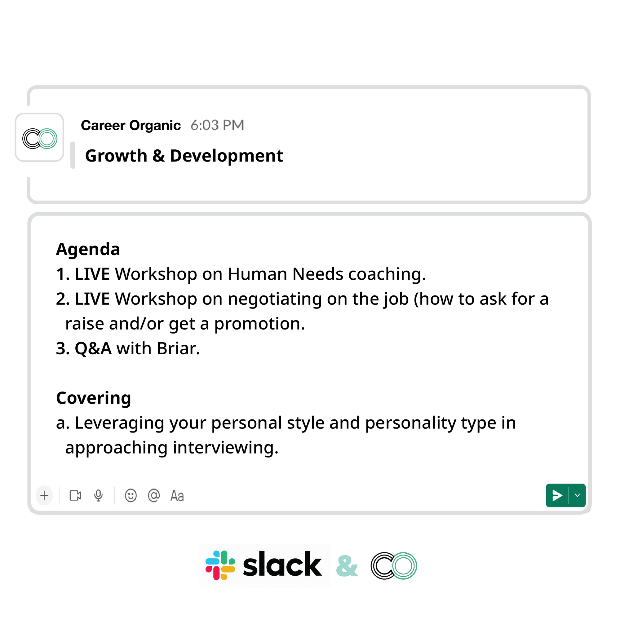 Slack messages displaying the agenda for a growth & development course and group coaching community 