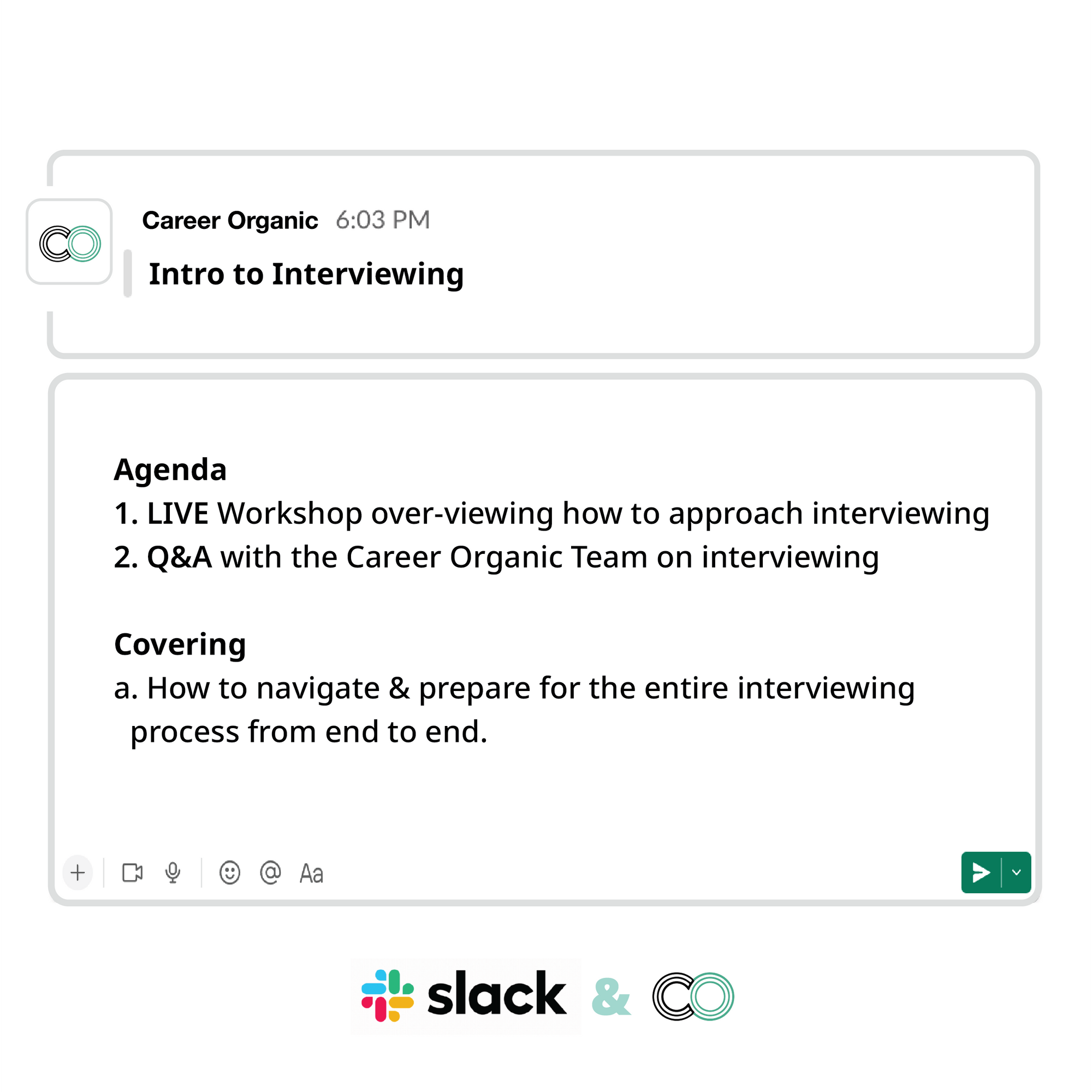 Slack messages showing a coaching agenda for an intro to interviewing group coaching community
