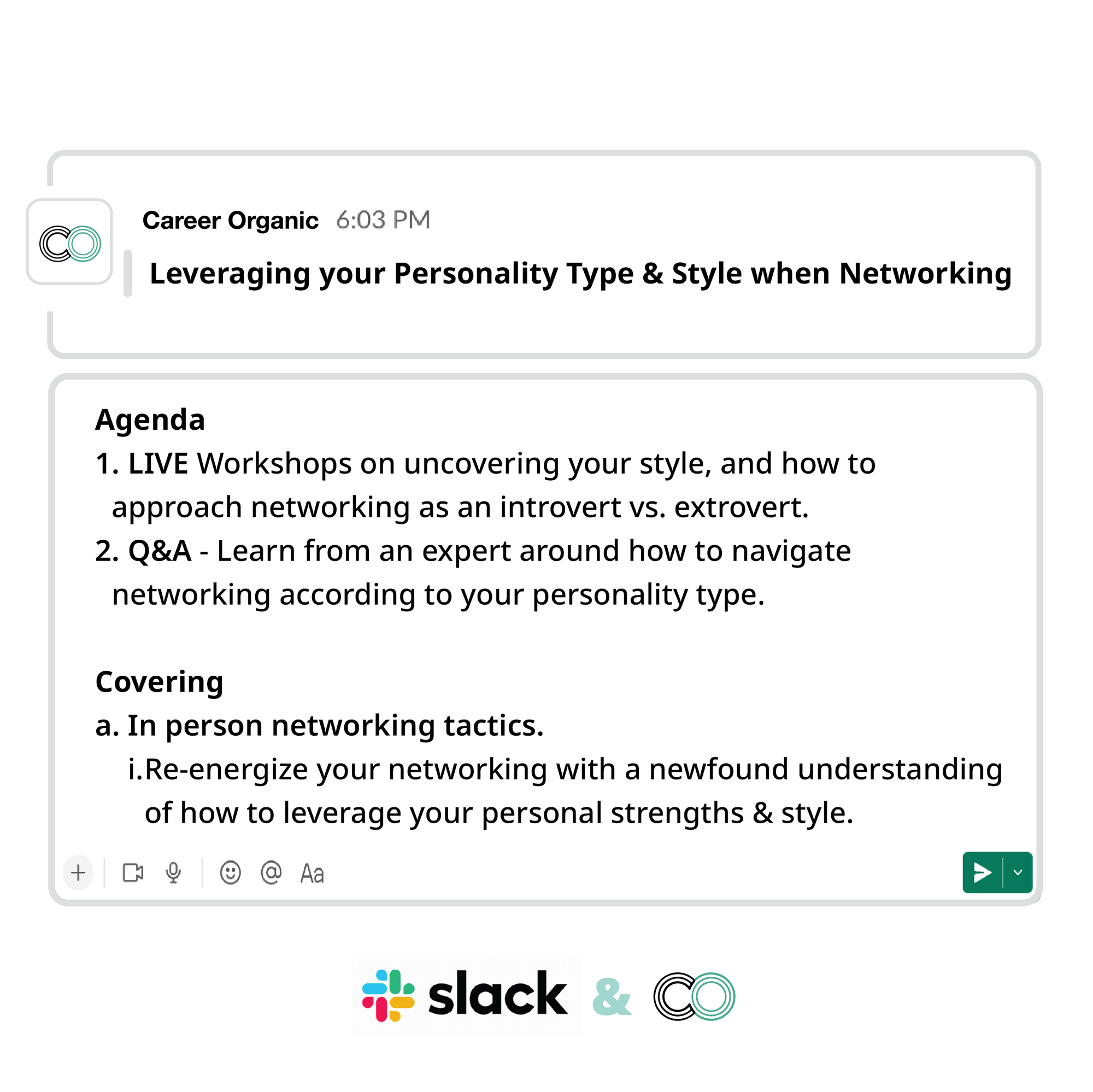 slack messages showing an agenda for a networking group coaching community
