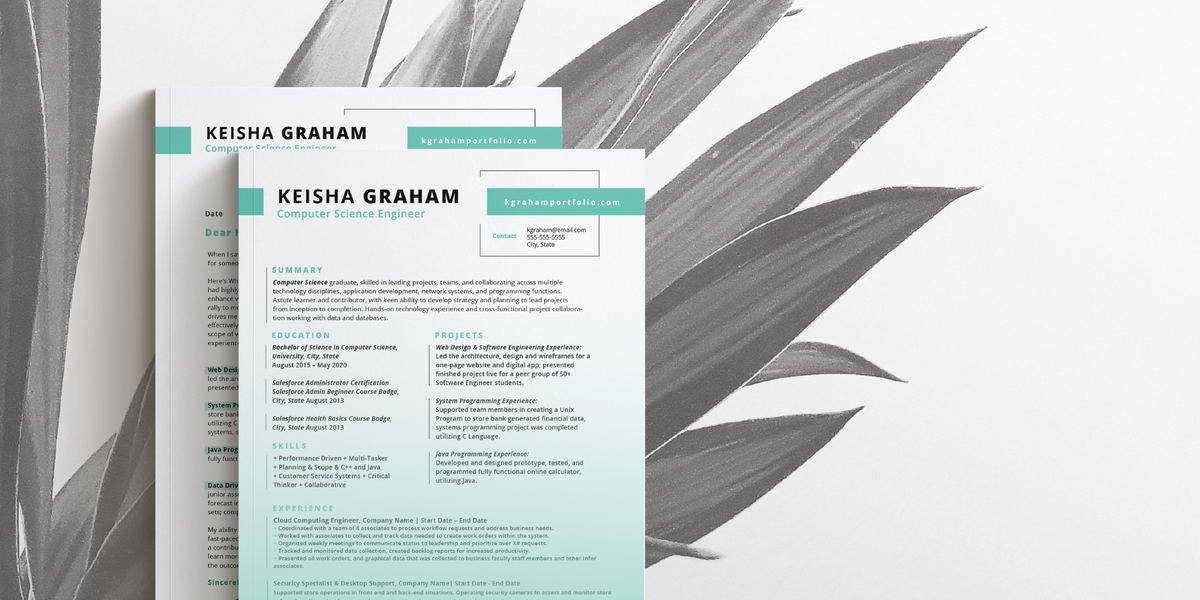 Two example resumes created by CareerOrganic.com on a grey plant background.