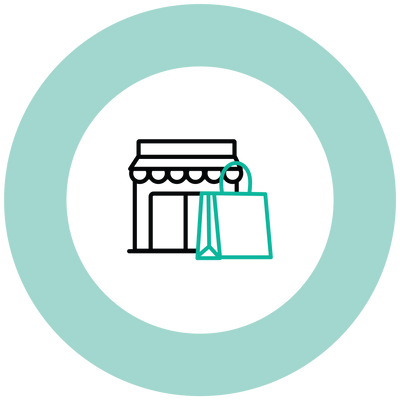 illustrated store front with shopping back in a teal circle 