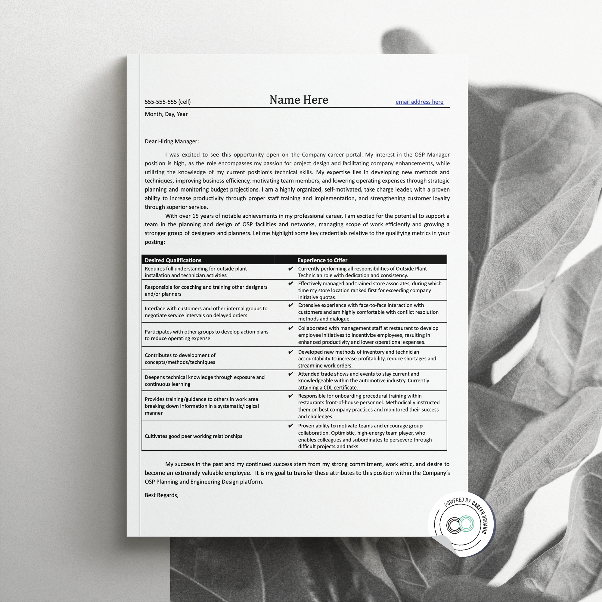 paper displaying sample cover letter with chart on a black and white botanical background